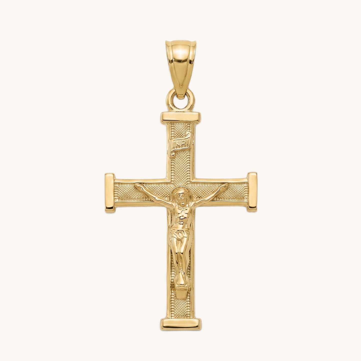 14K Double Bonded Gold INRI Crucifix L textured squared edge cross pendant only main image
