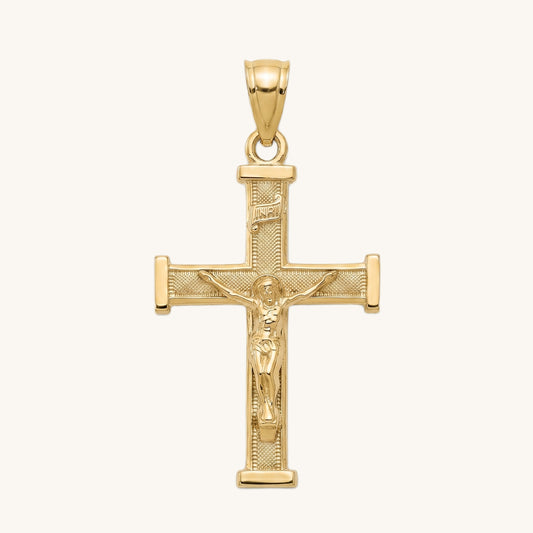 14K Double Bonded Gold INRI Crucifix L textured squared edge cross pendant only main image