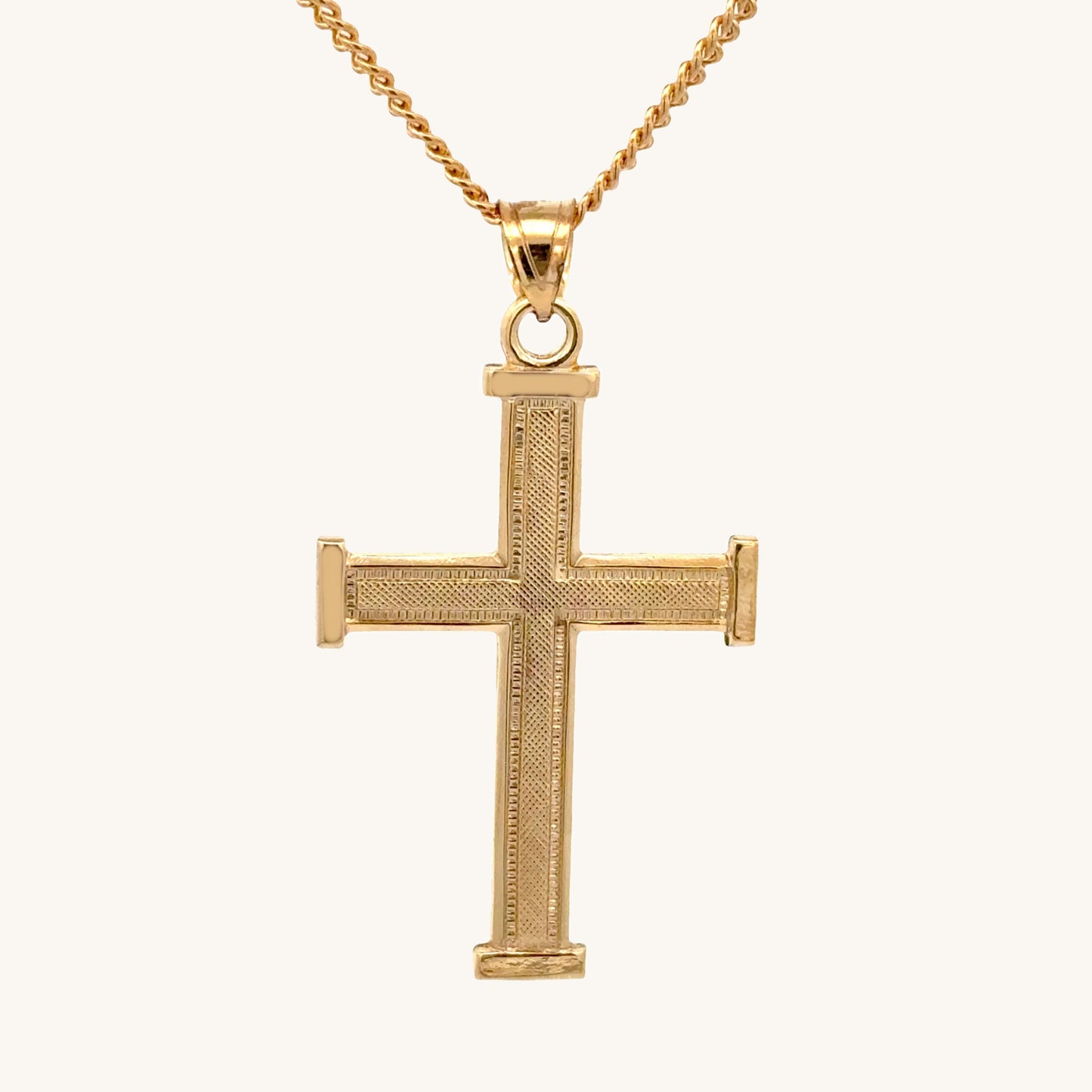 14K double‑bonded gold Cross pendant with texture design high‑polish finish on cable chain main image