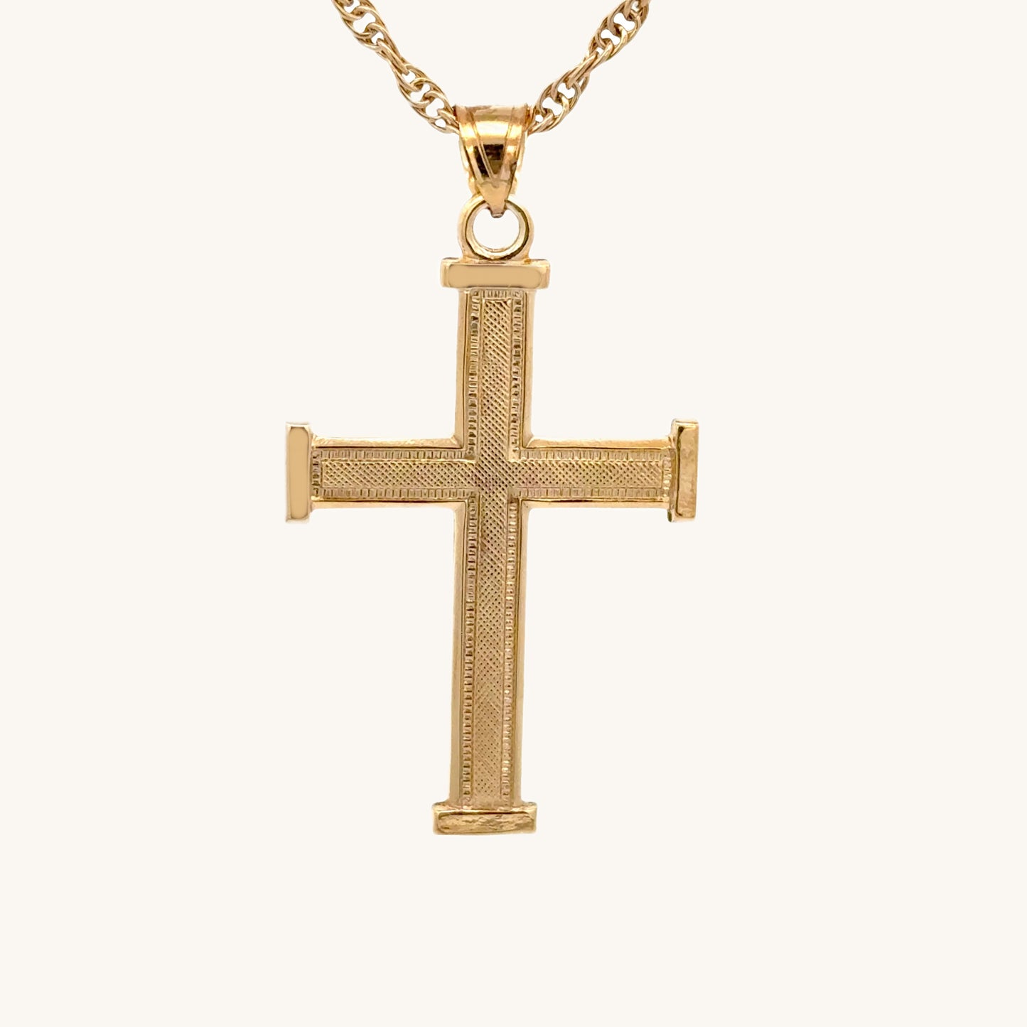 14K double‑bonded gold Cross pendant with texture design high‑polish finish on rope chain main image