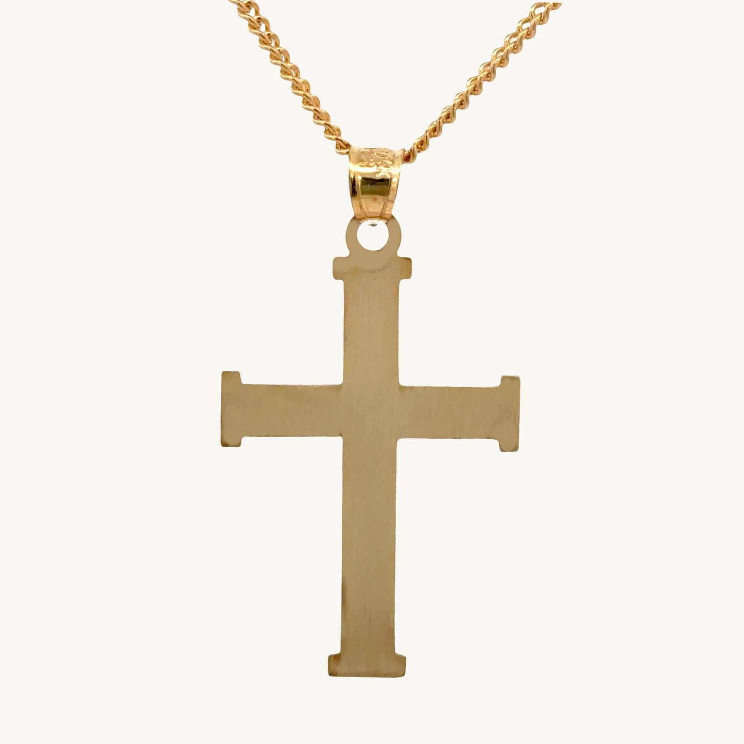 14K double‑bonded gold Cross pendant with texture design high‑polish finish on cable chain back image