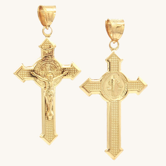 Solid 14K Double Bonded Gold Saint Benedict Crucifix double sided Cross pendant only L