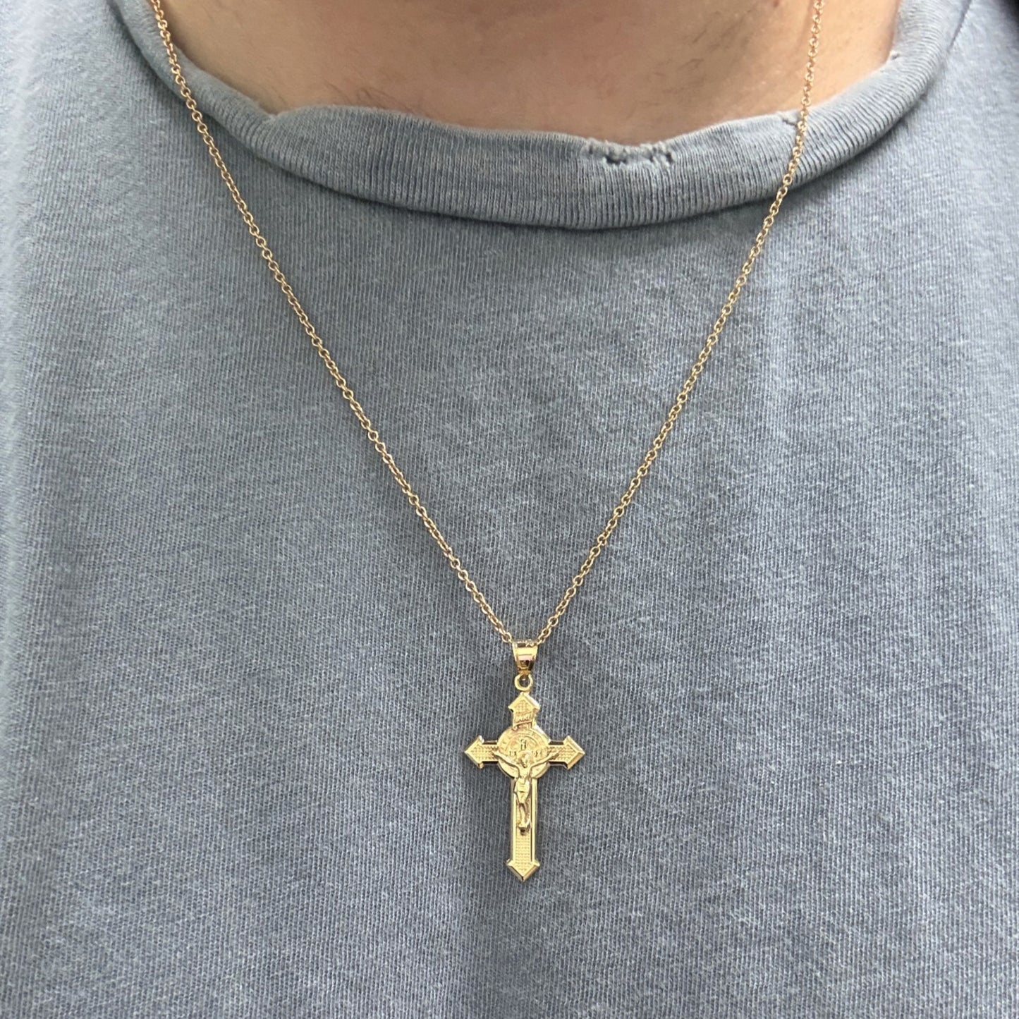 Solid 14K Double Bonded Gold Saint Benedict Crucifix double sided Cross pendant only L lifestyle on necklace