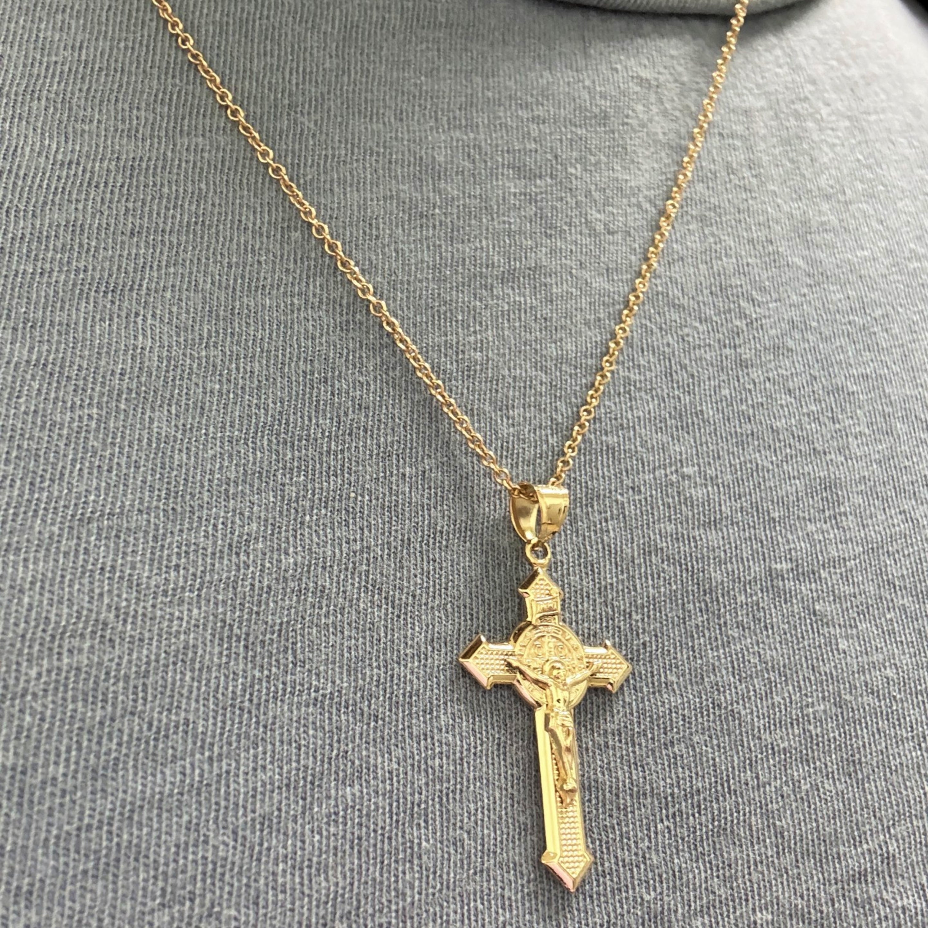 Solid 14K Double Bonded Gold Saint Benedict Crucifix double sided Cross pendant only L lifestyle on chain