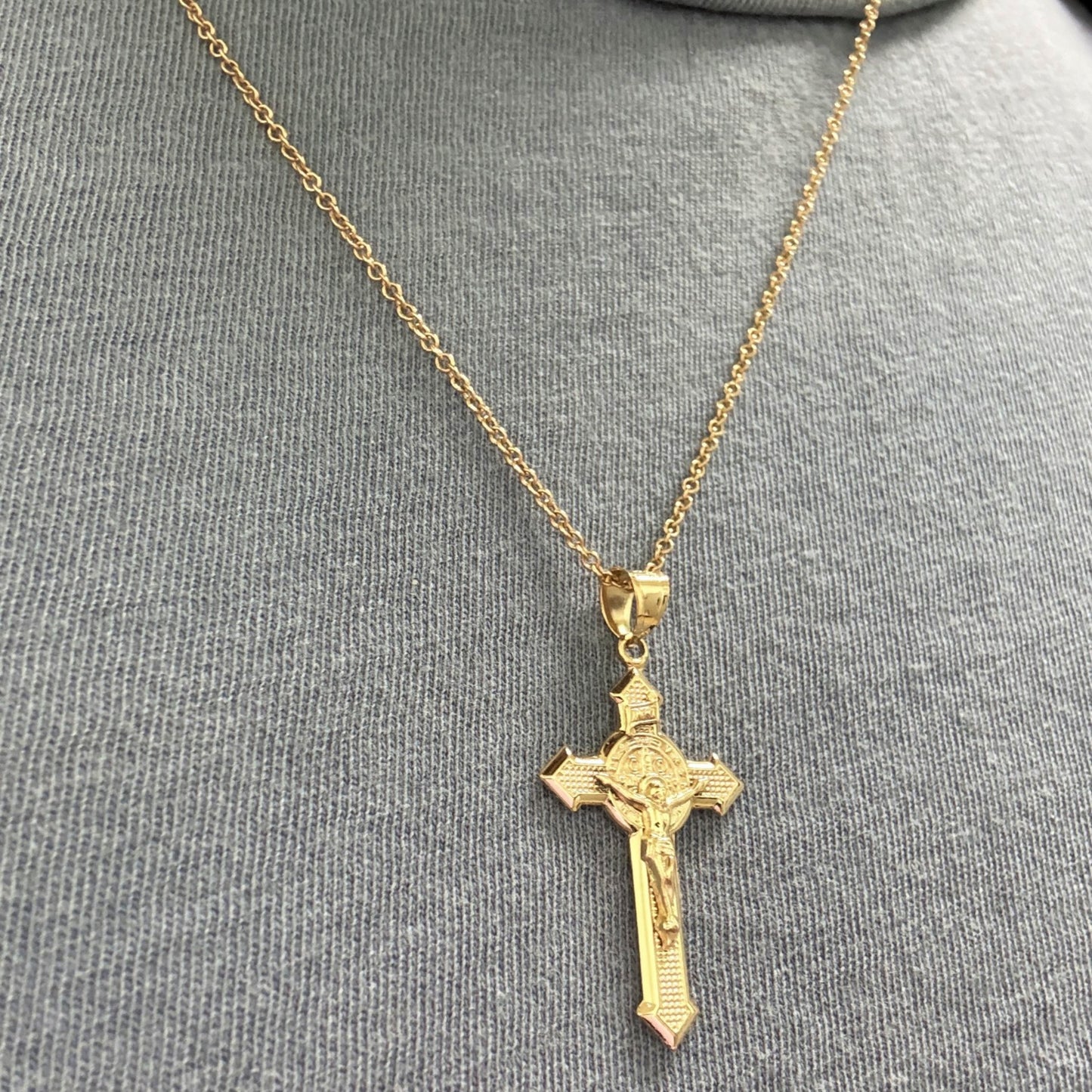 Solid 14K Double Bonded Gold Saint Benedict Crucifix double sided Cross pendant only L lifestyle on chain