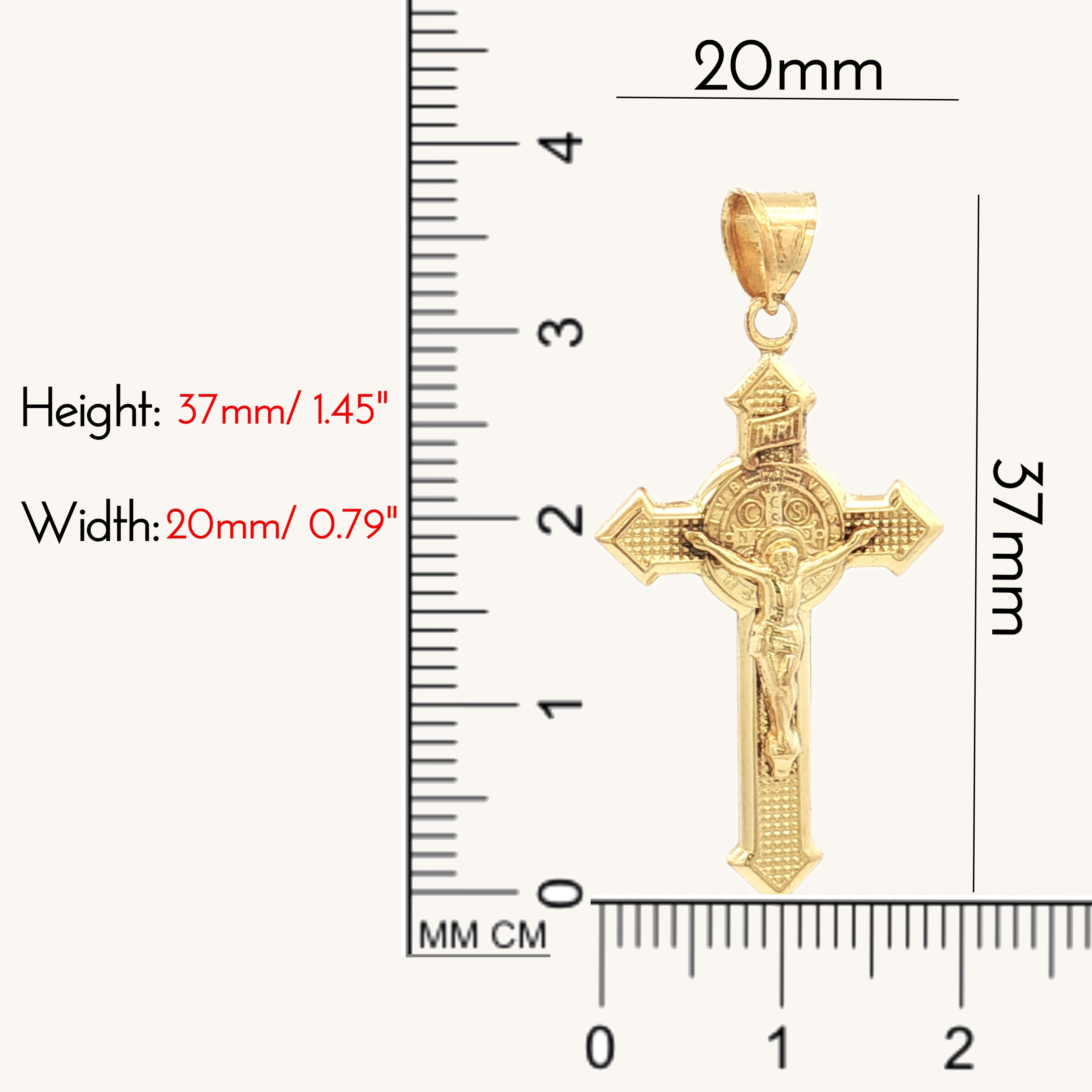 size_chart Solid 14K Double Bonded Gold Saint Benedict Crucifix double sided Cross pendant only L