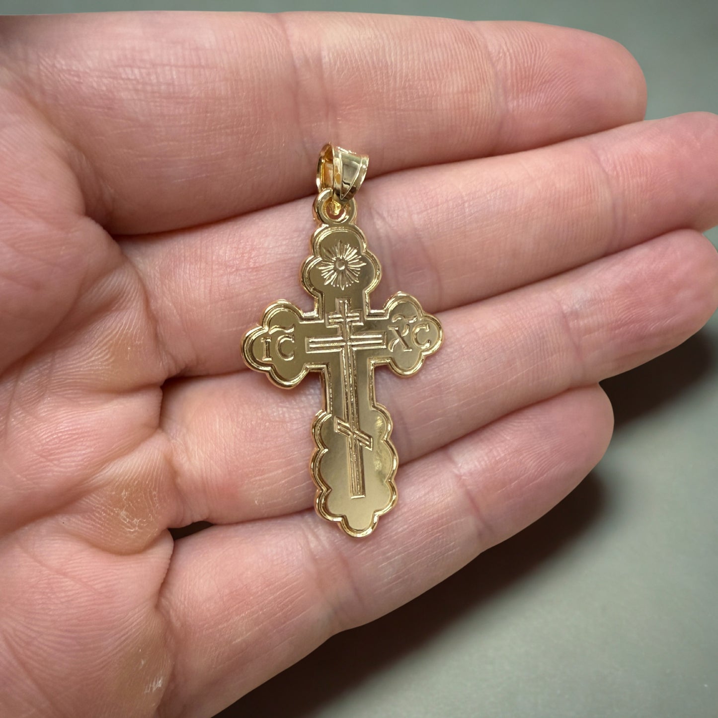 Solid 14K Double Bonded Gold Orthodox Cross pendant only L M close up image