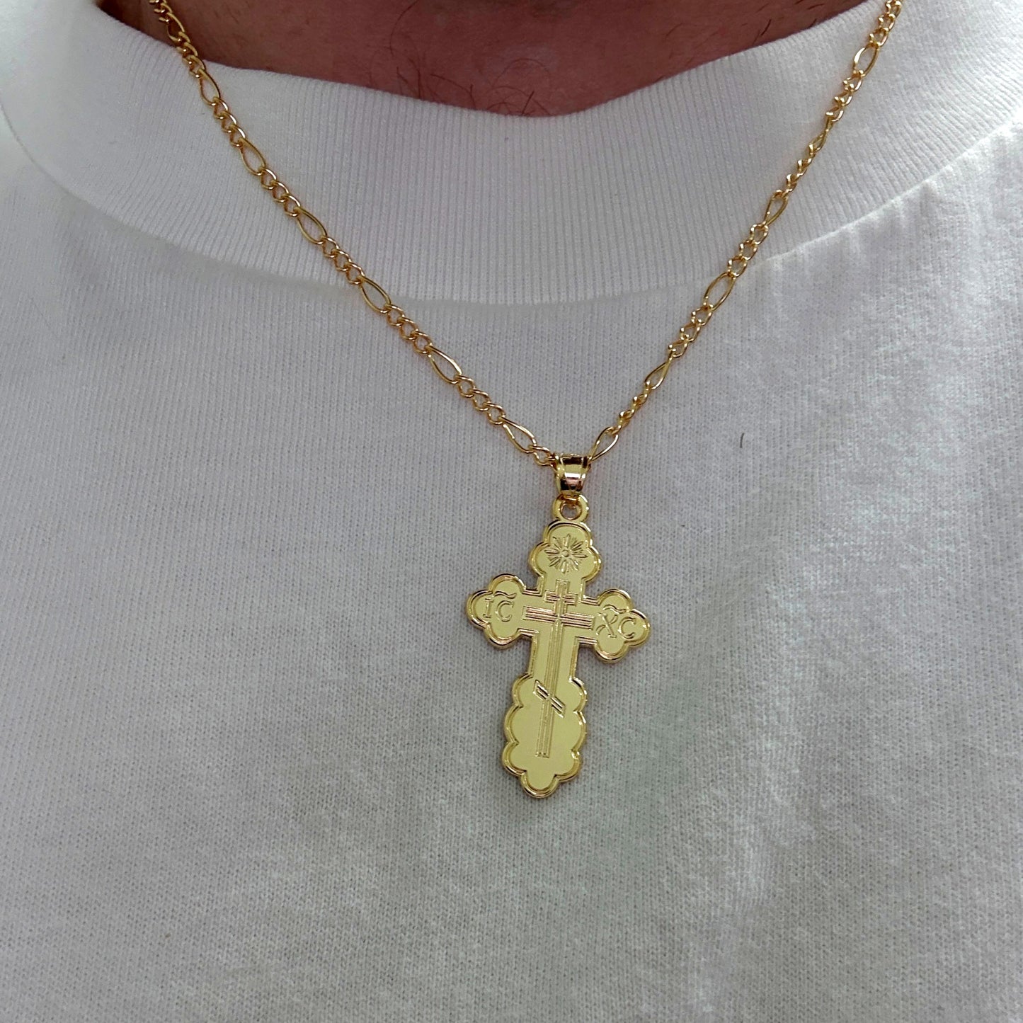 Solid 14K Double Bonded Gold Orthodox Cross pendant only L M lifestyle image on person