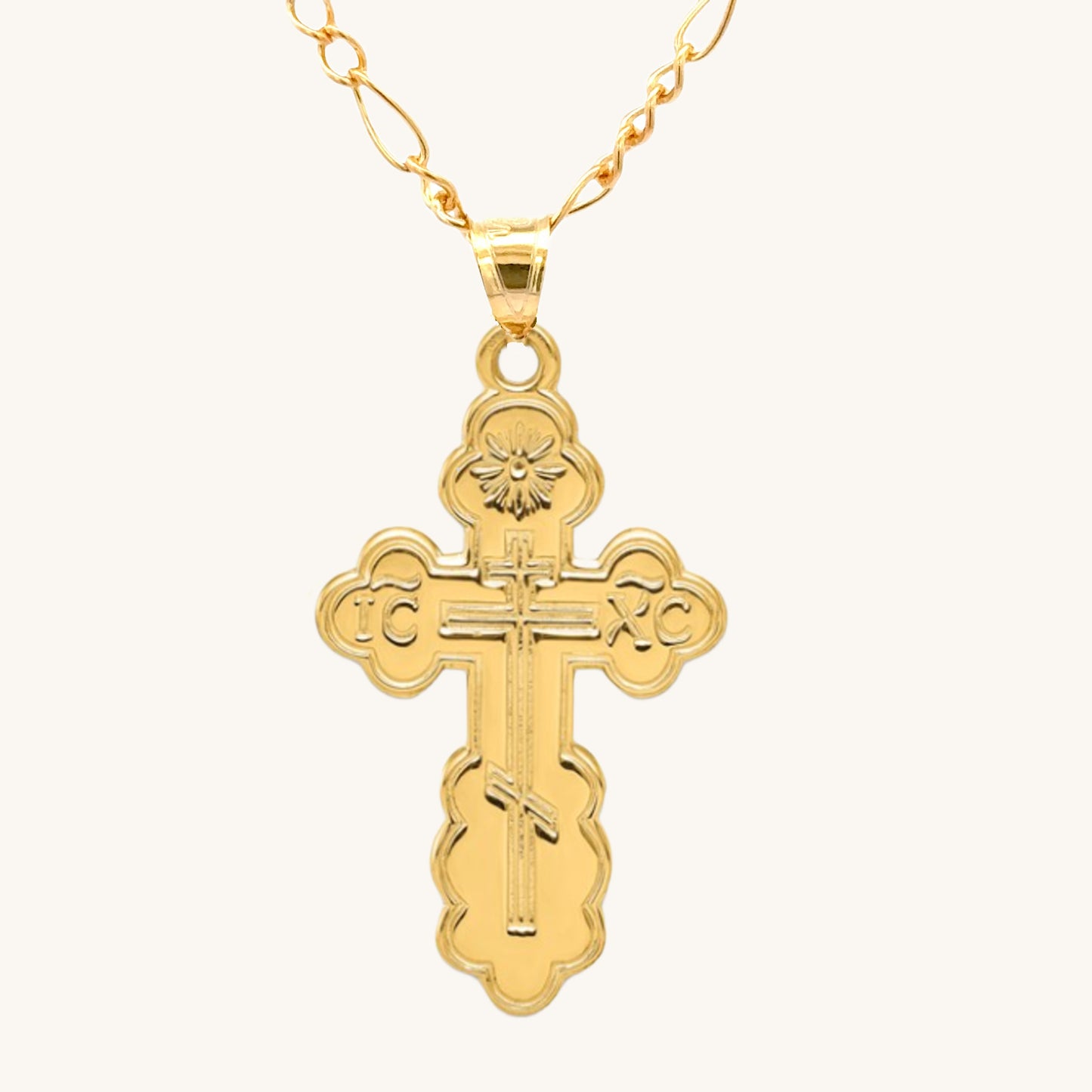 Solid 14K Double Bonded Gold Orthodox Cross pendant only L M main image on Figaro chain
