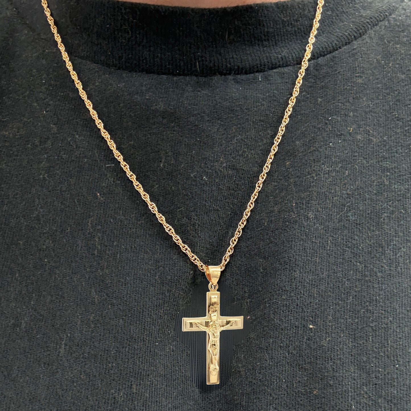 Solid 14K Double Bonded Gold INRI Crucifix Pendant only lifestyle image L size