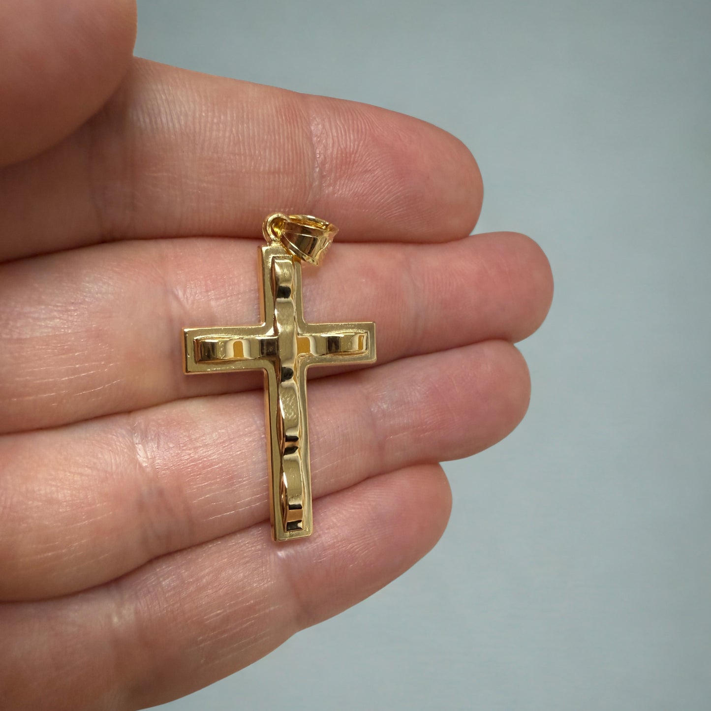 Solid 14K Double Bonded Gold Wavey Cross Pendant only close up image