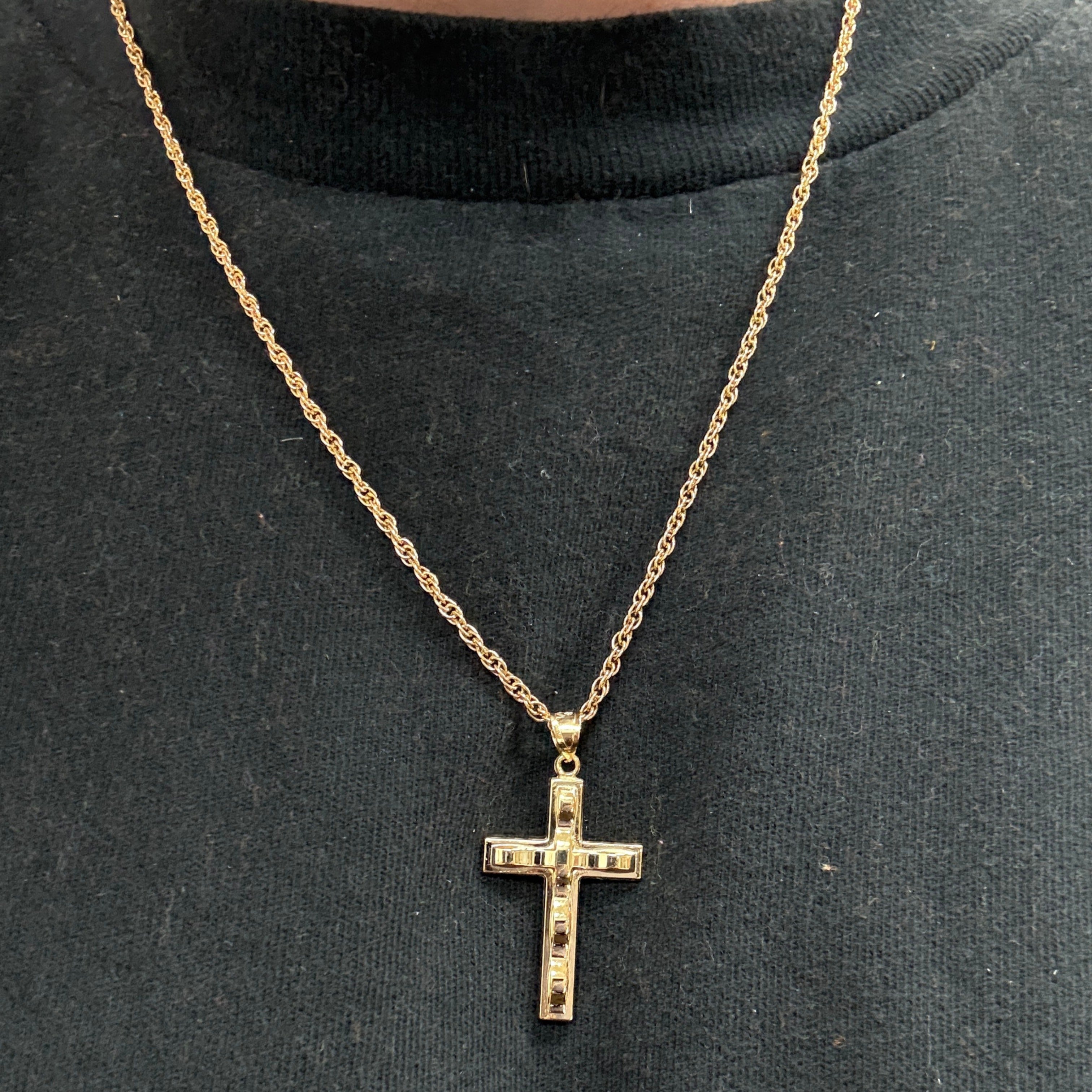 Solid 14K Double Bonded Gold Wavey Cross Pendant only lifestyle person wearing image