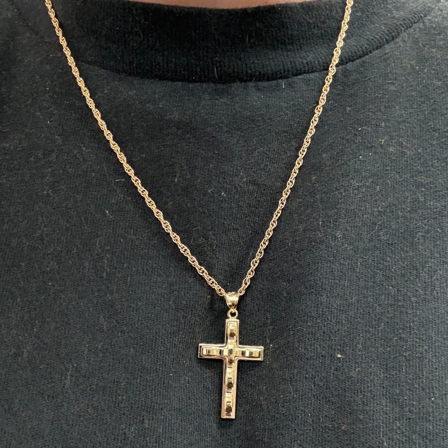 Solid 14K Double Bonded Gold Wavey Cross Pendant only lifestyle person wearing image