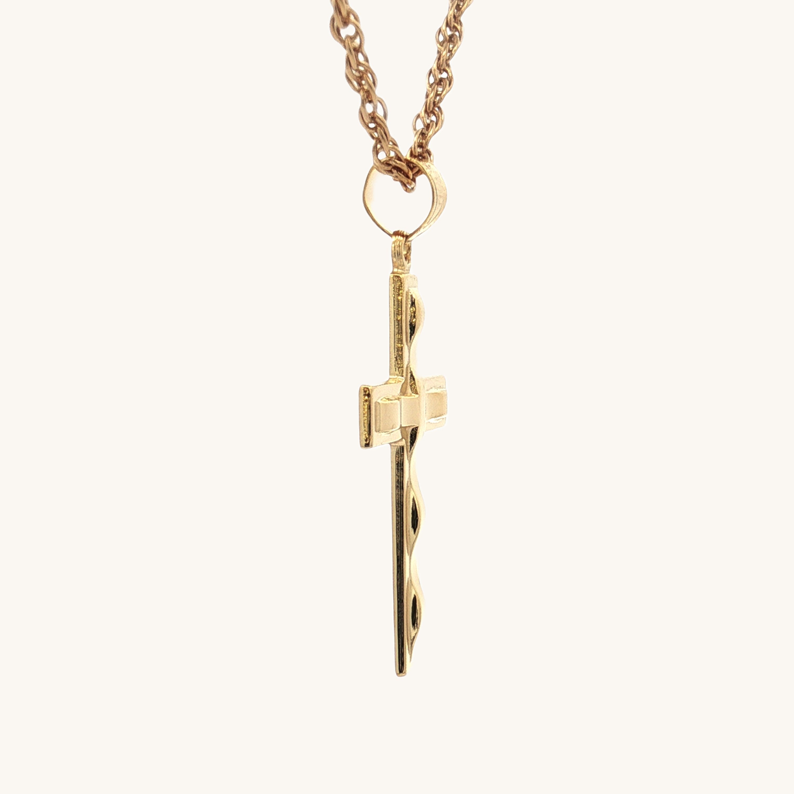 Solid 14K Double Bonded Gold Wavey Cross Pendant only side image