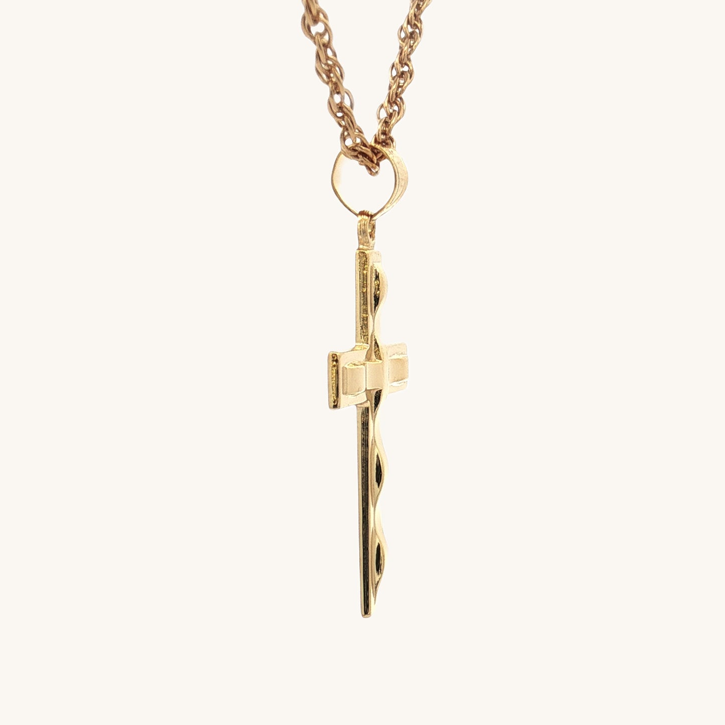 Solid 14K Double Bonded Gold Wavey Cross Pendant only side image