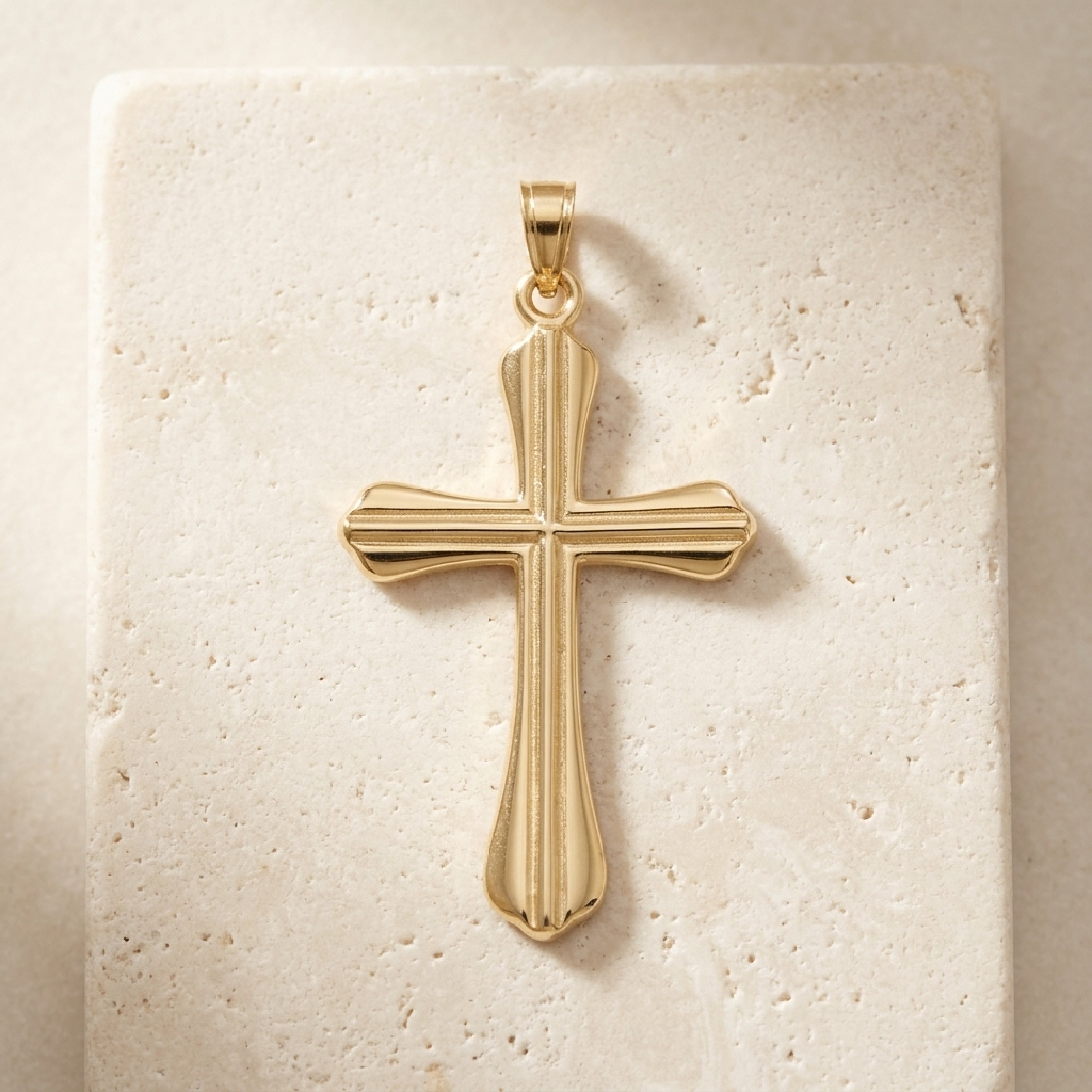 Solid 14K Double Bonded Gold Grooved Cross pendant only lay flat image L