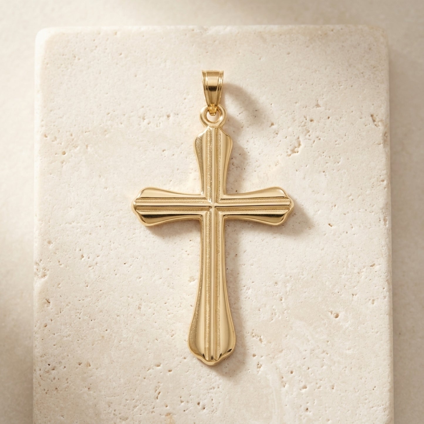 Solid 14K Double Bonded Gold Grooved Cross pendant only lay flat image L