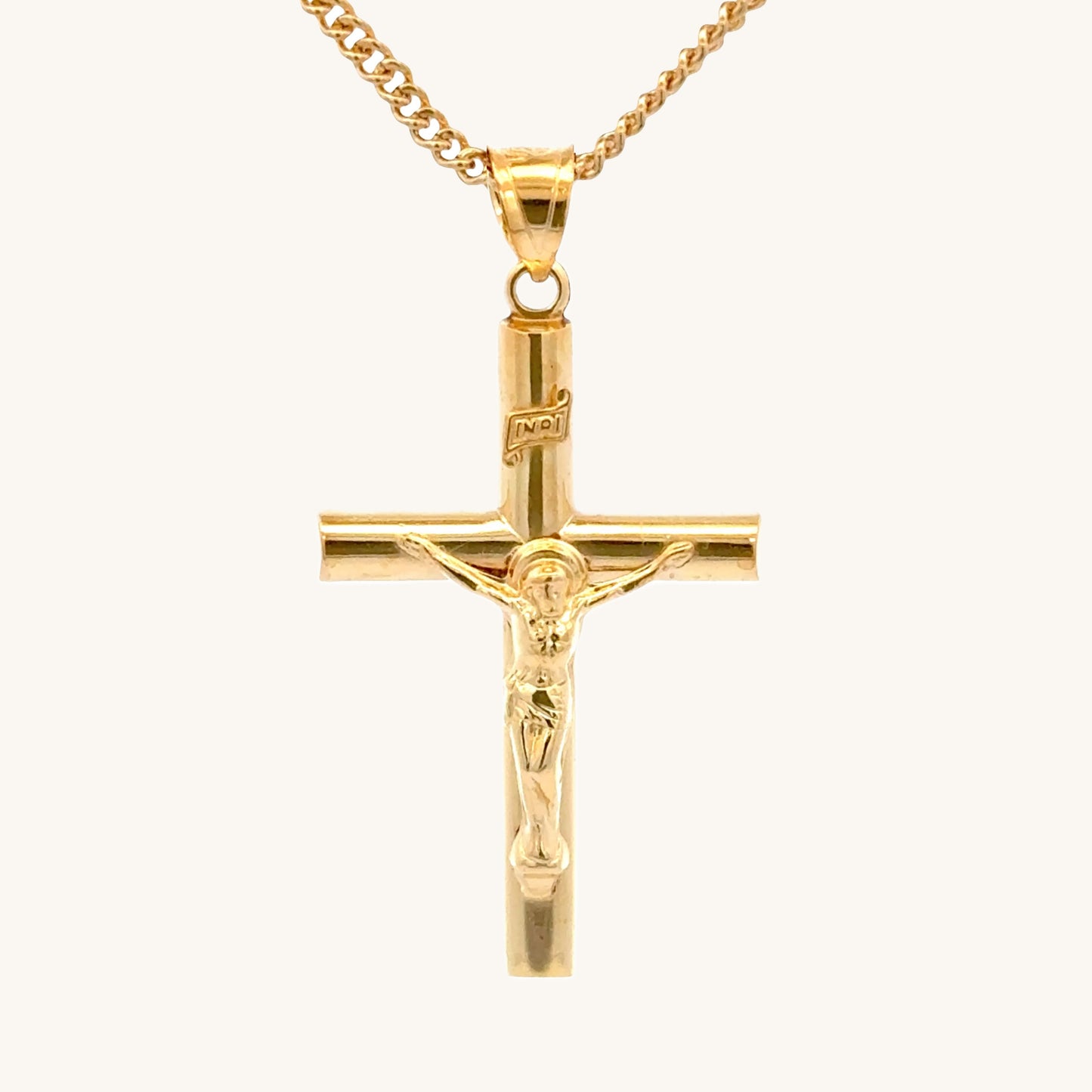 Solid 14K Double Bonded Gold INRI Crucifix pendant on cable chain main image