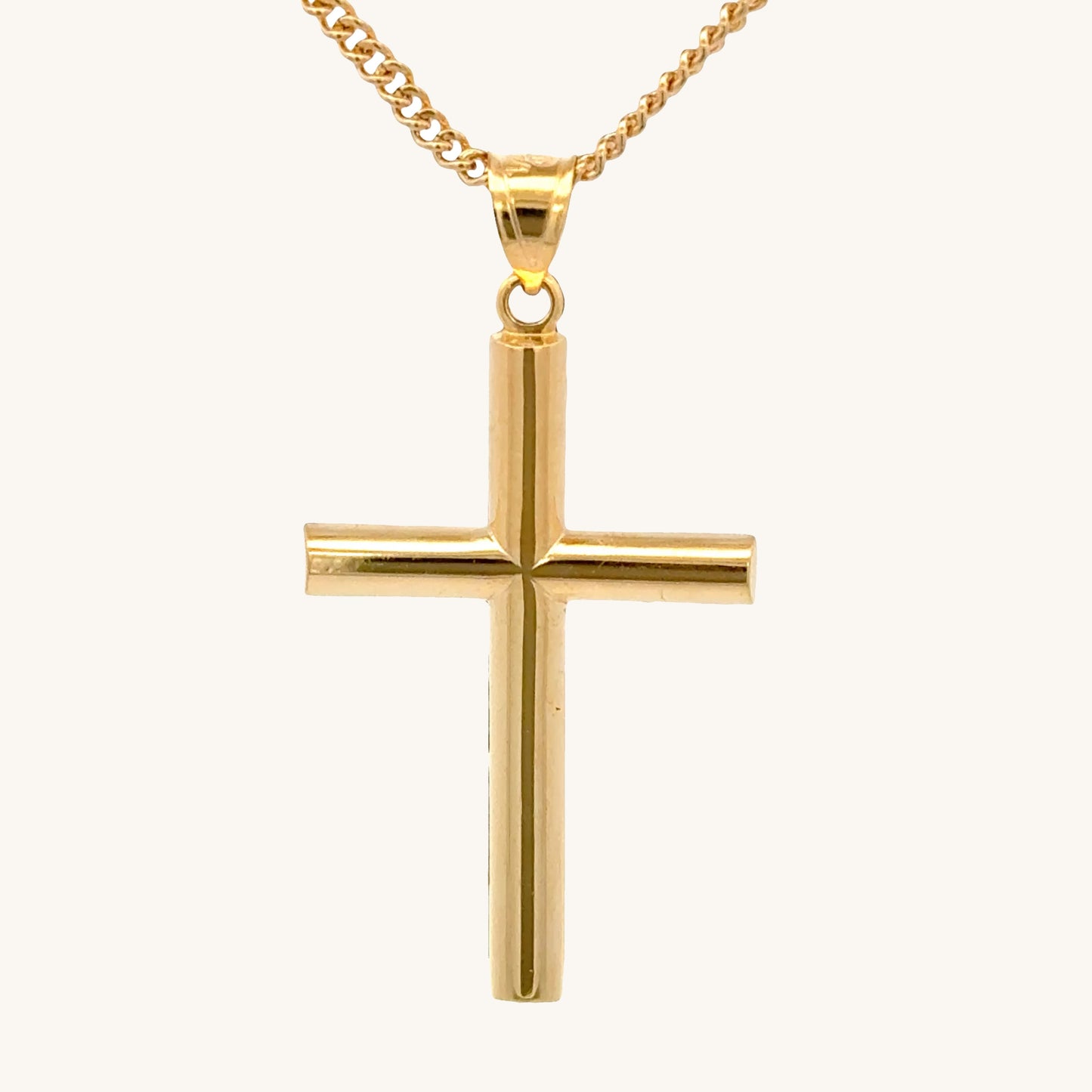 14K Double Bonded Gold Tube cross pendant on a gold filled cable chain against a white background main image