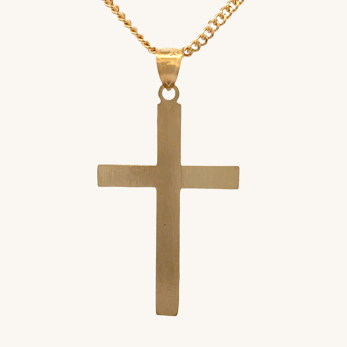 14K Double Bonded Gold Tube cross pendant on a gold filled cable chain against a white background back image