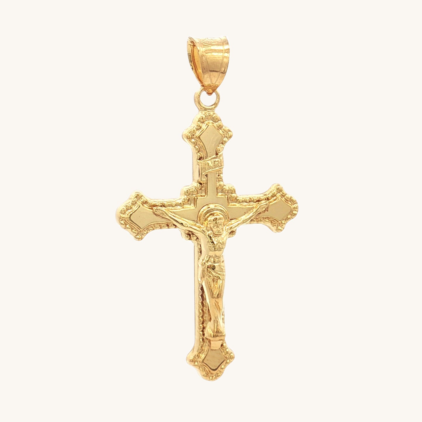 Solid 14K Double Bonded Gold INRI Crucifix XL size budded edge cross pendant only main image