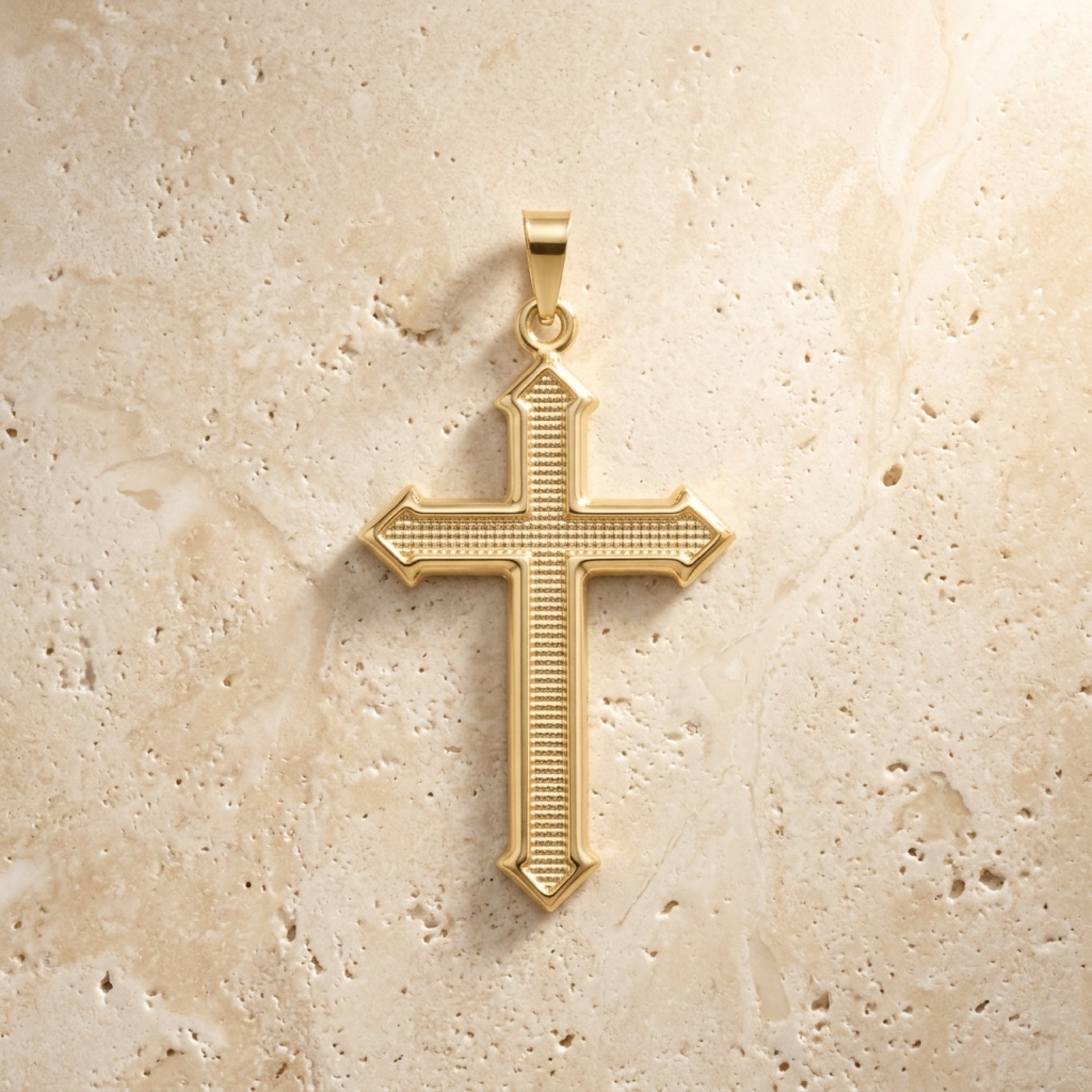 Solid 14K Double Bonded Gold Fleury Cross XL pendant only lifestyle lay flat