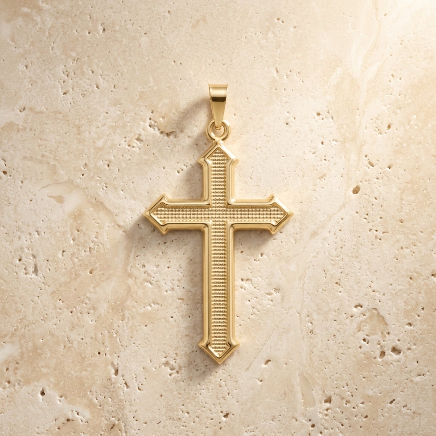Solid 14K Double Bonded Gold Fleury Cross XL pendant only lifestyle lay flat