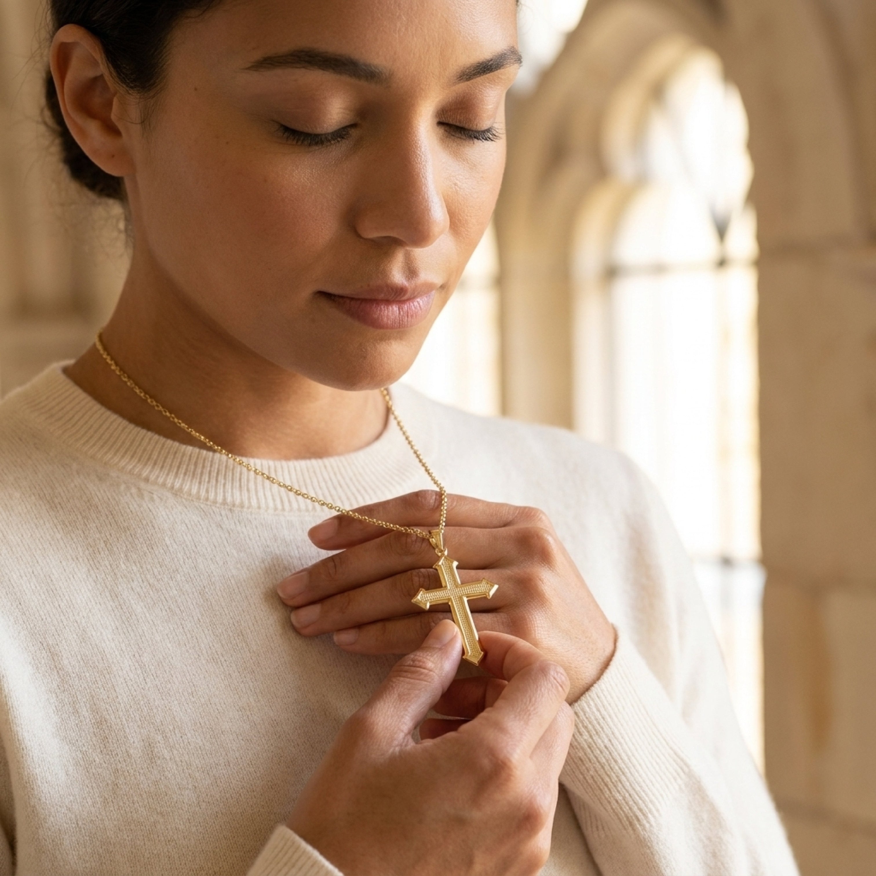Solid 14K Double Bonded Gold Fleury Cross XL pendant only lifestyle on woman