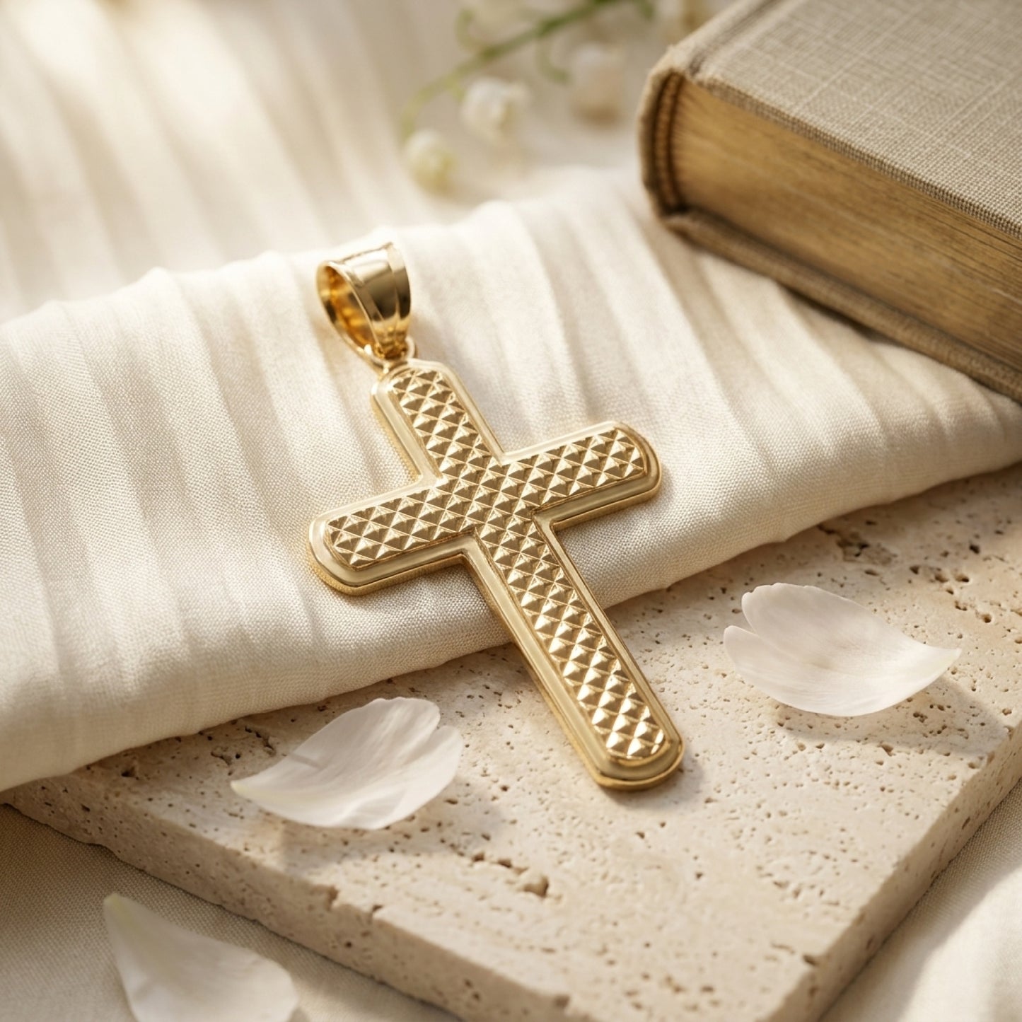 Solid 14K Double Bonded Gold Filled Pyramid Cross XL pendant only lifestyle image lay flat