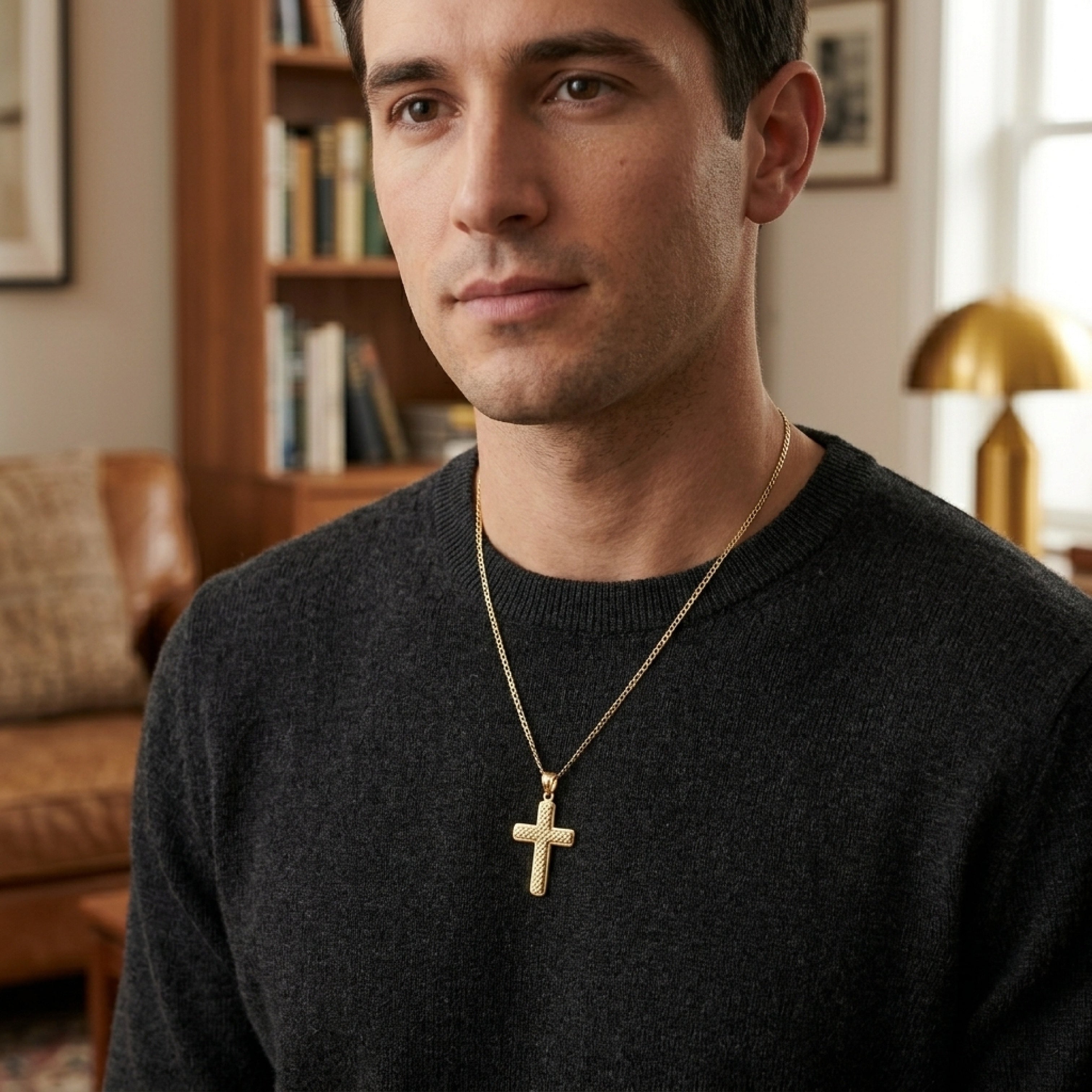 Solid 14K Double Bonded Gold Filled Pyramid Cross XL pendant only lifestyle image on man