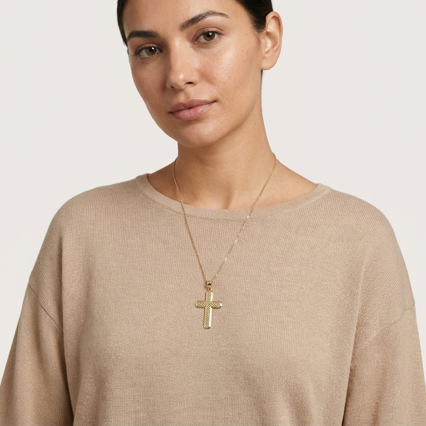 Solid 14K Double Bonded Gold Filled Pyramid Cross XL pendant only lifestyle image on woman
