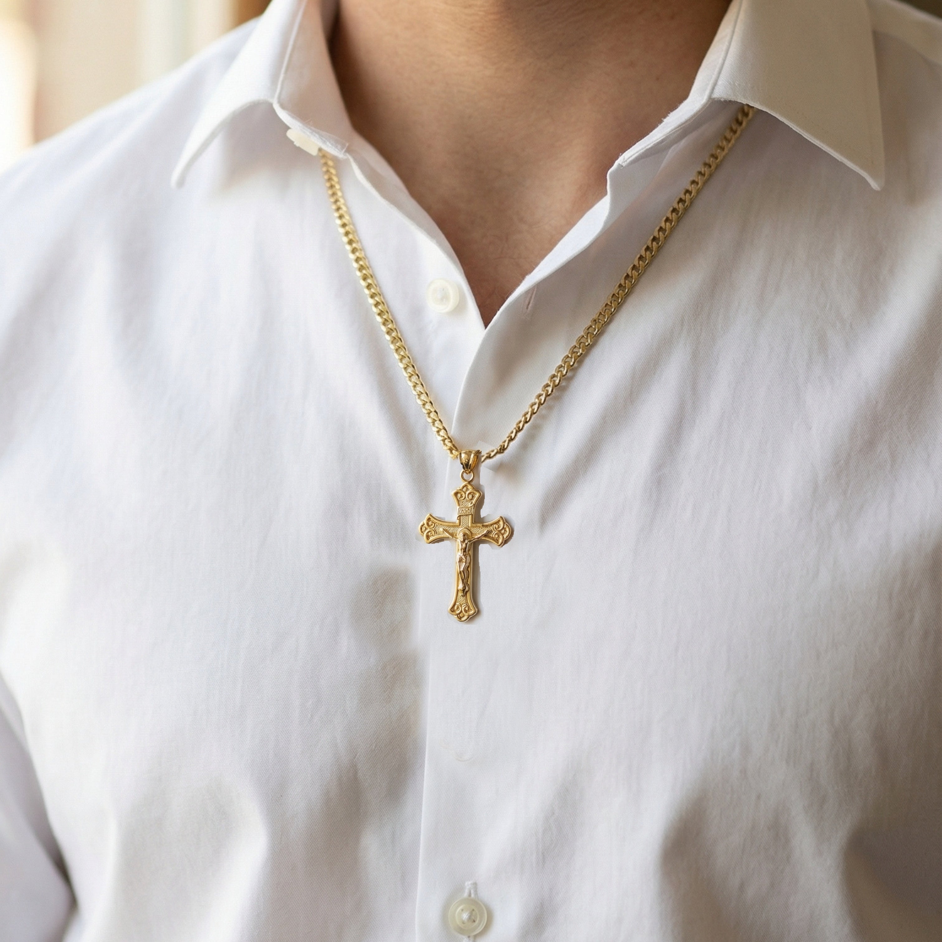 Solid 14K Double Bonded Gold INRI Crucifix XL M S sizes pendant only lifestyle image on man