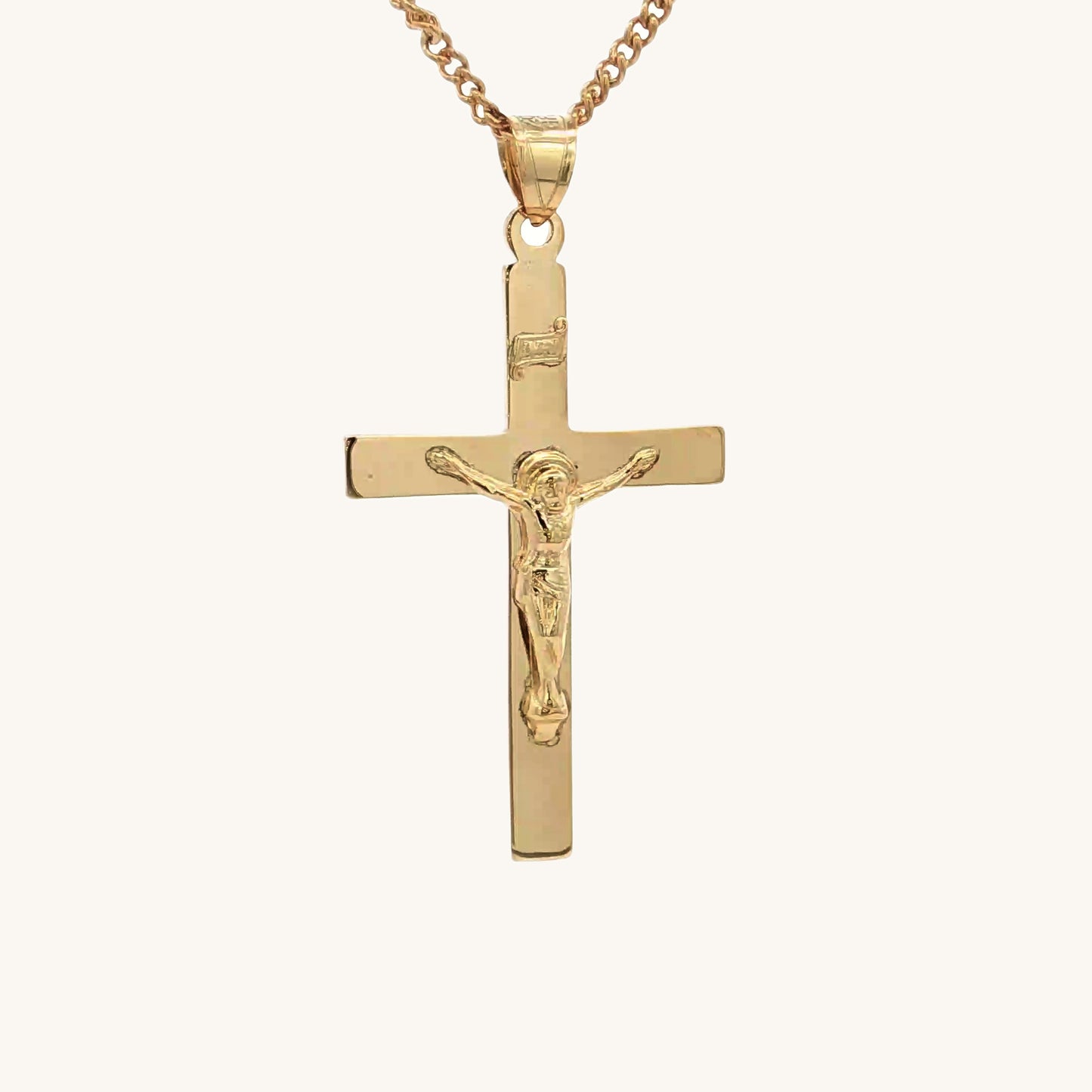 Solid 14K Double Bonded Gold Timeless Simple Plain Polished INRI Crucifix Cross Pendant Only XXL M S main image on chain