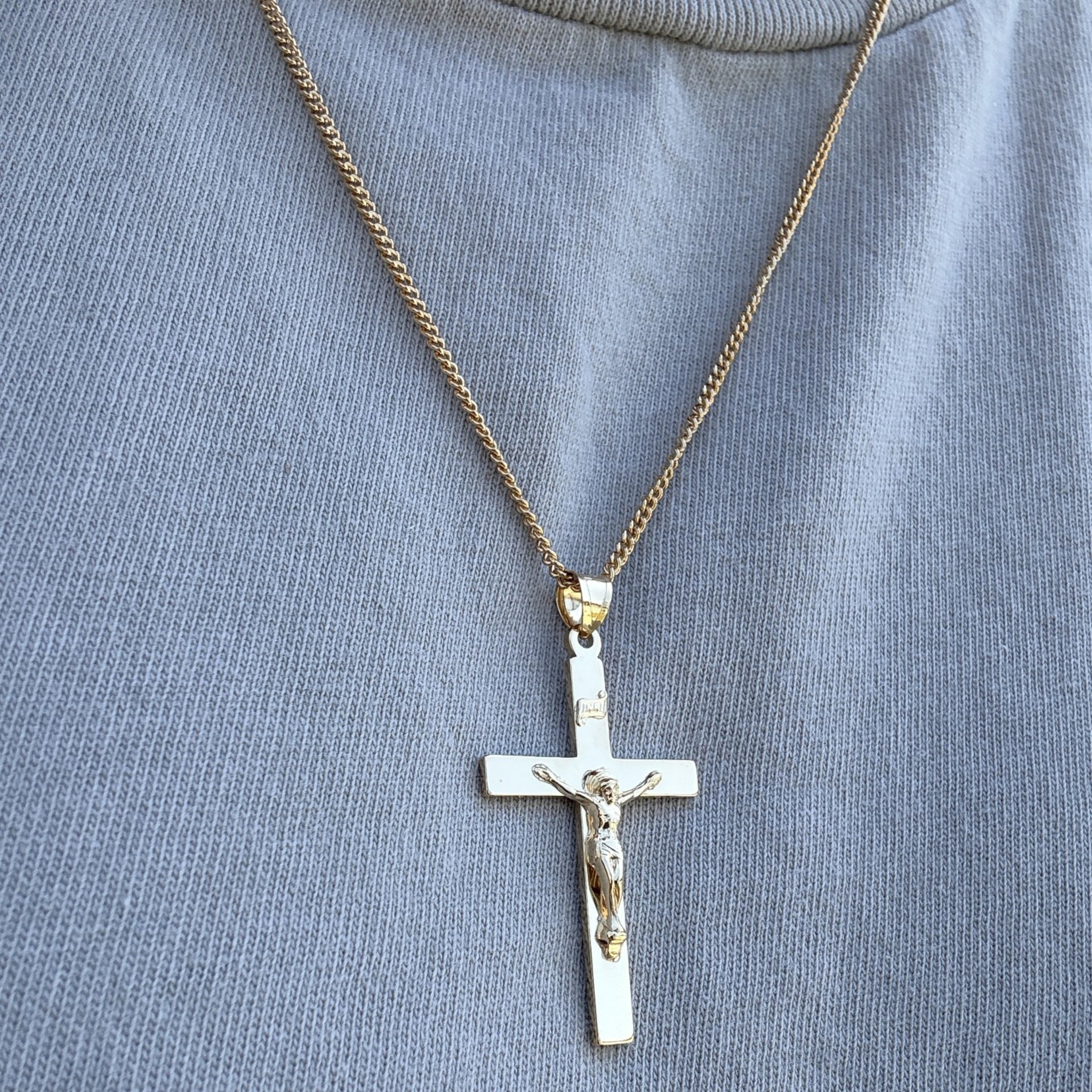 Solid 14K Double Bonded Gold Timeless Simple Plain Polished INRI Crucifix Cross Pendant Only XXL M S lifestyle image on person