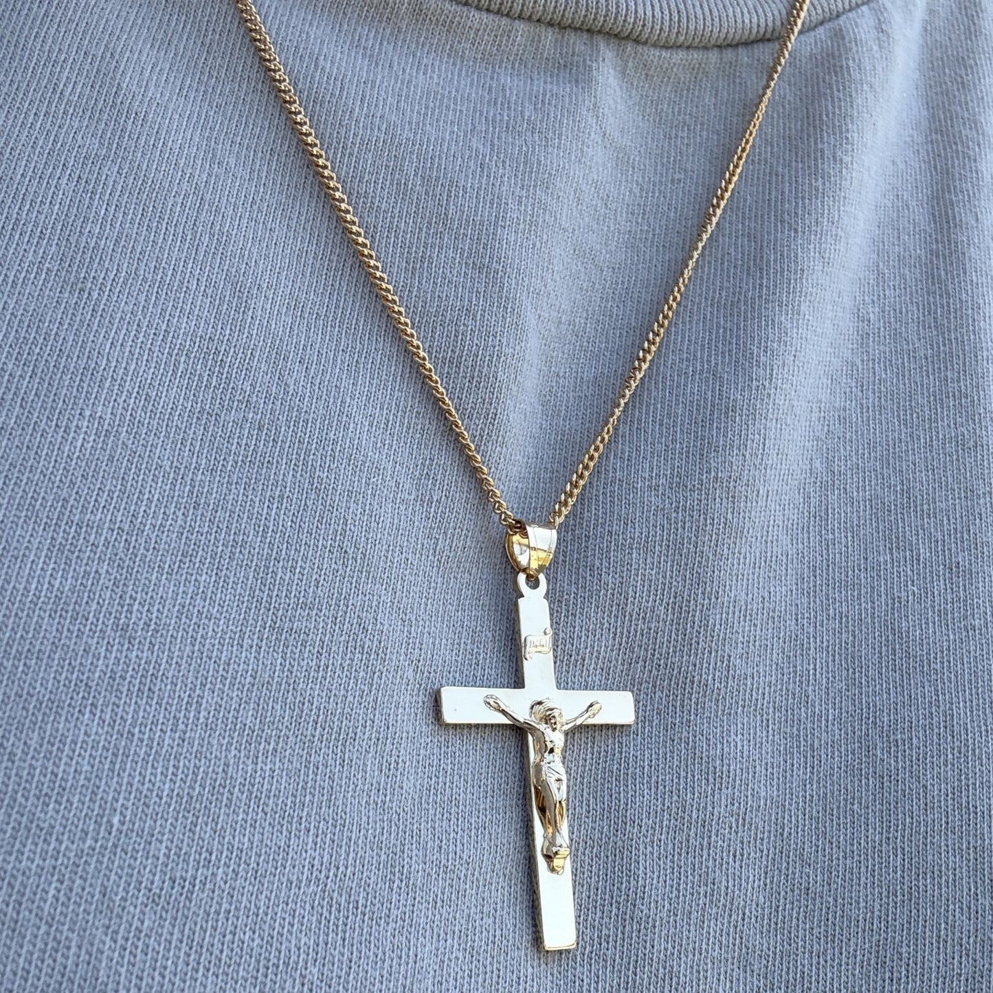 Solid 14K Double Bonded Gold Timeless Simple Plain Polished INRI Crucifix Cross Pendant Only XXL M S lifestyle image on person