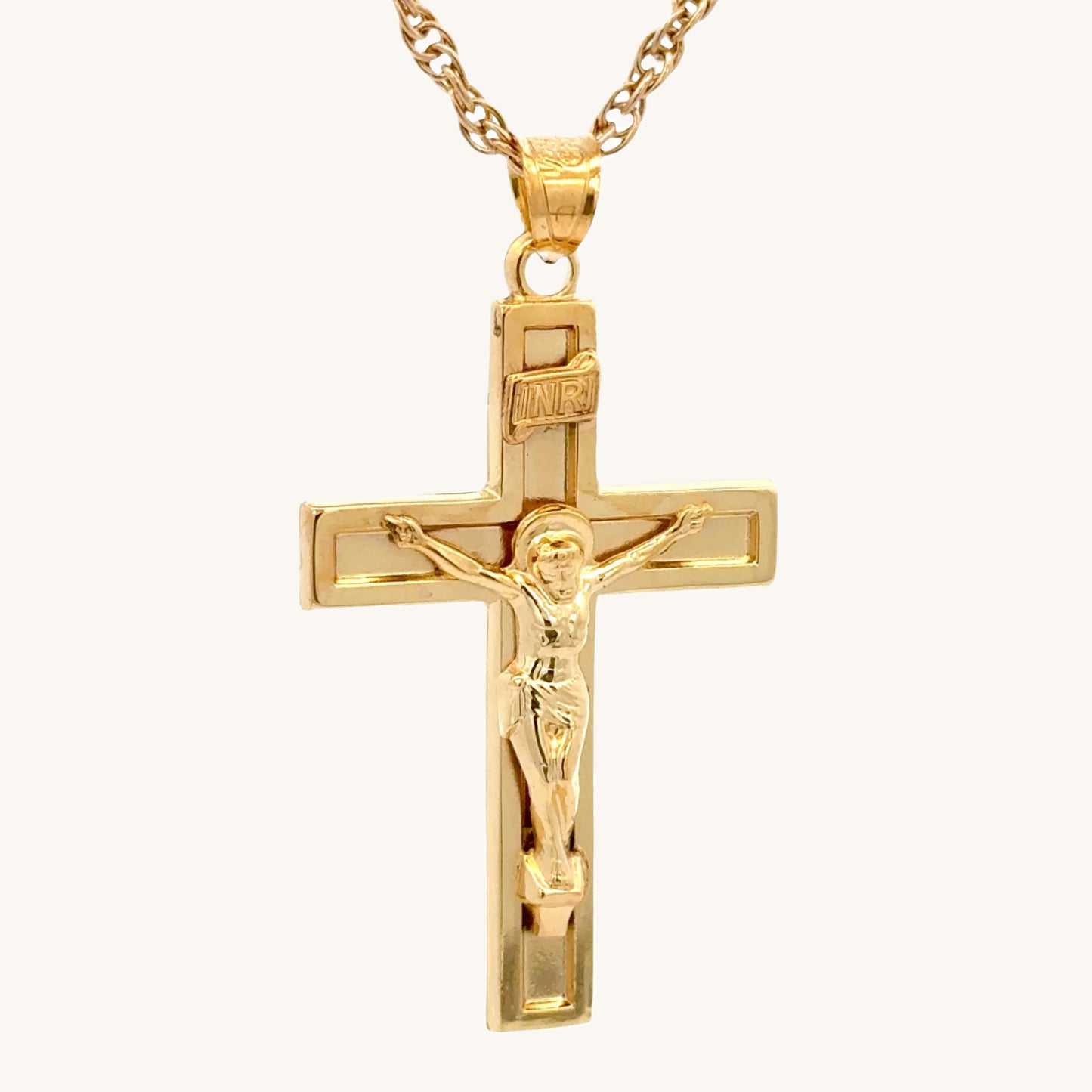 Solid 14K Double Bonded Gold XXL plain polished INRI Crucifix cross pendant on a rope chain main image