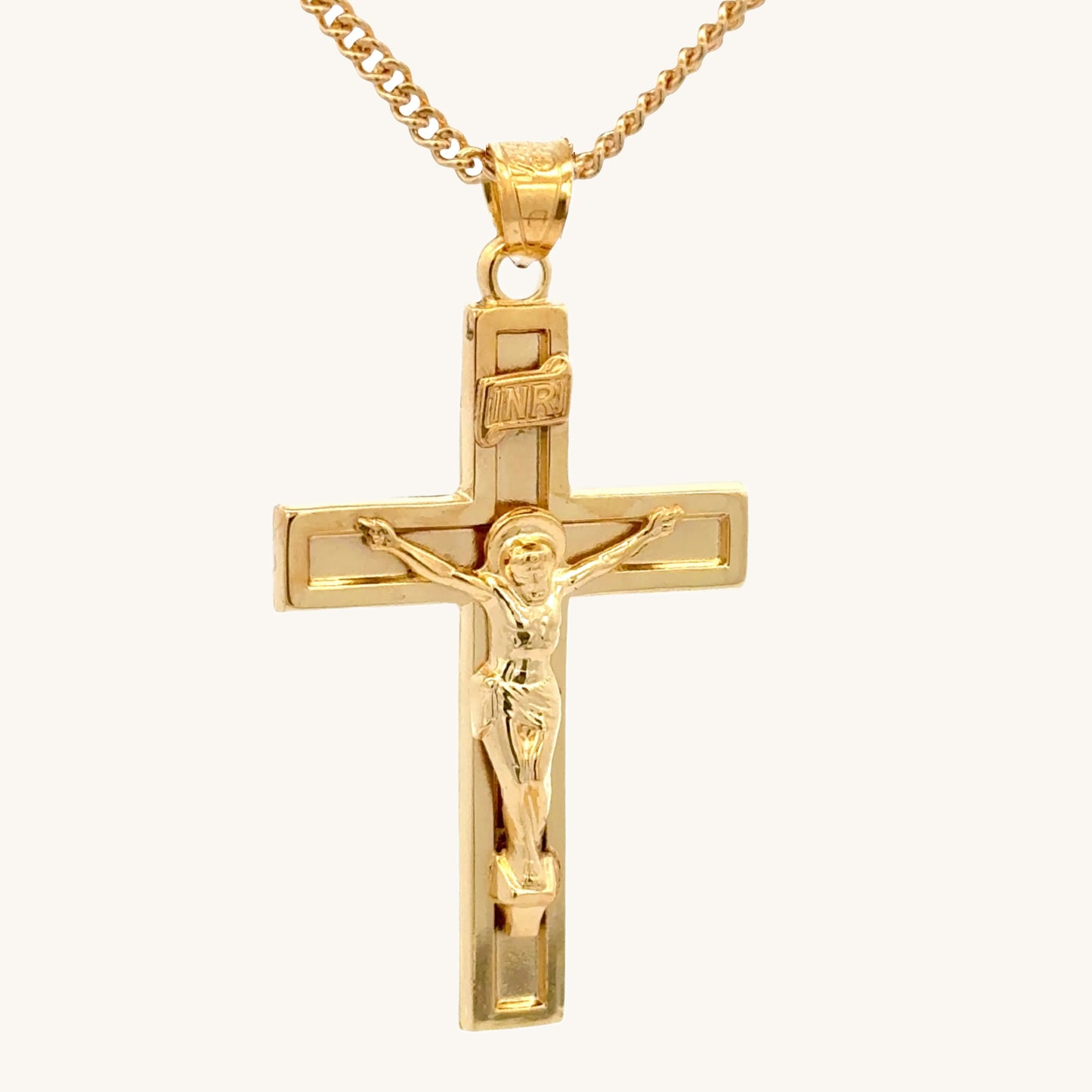 Solid 14K Double Bonded Gold XXL plain polished INRI Crucifix cross pendant on a cable chain main image