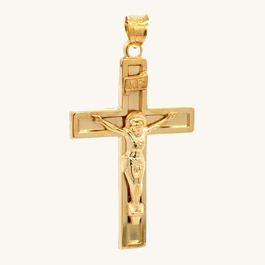 Solid 14K Double Bonded Gold XXL plain polished INRI Crucifix cross pendant only main image