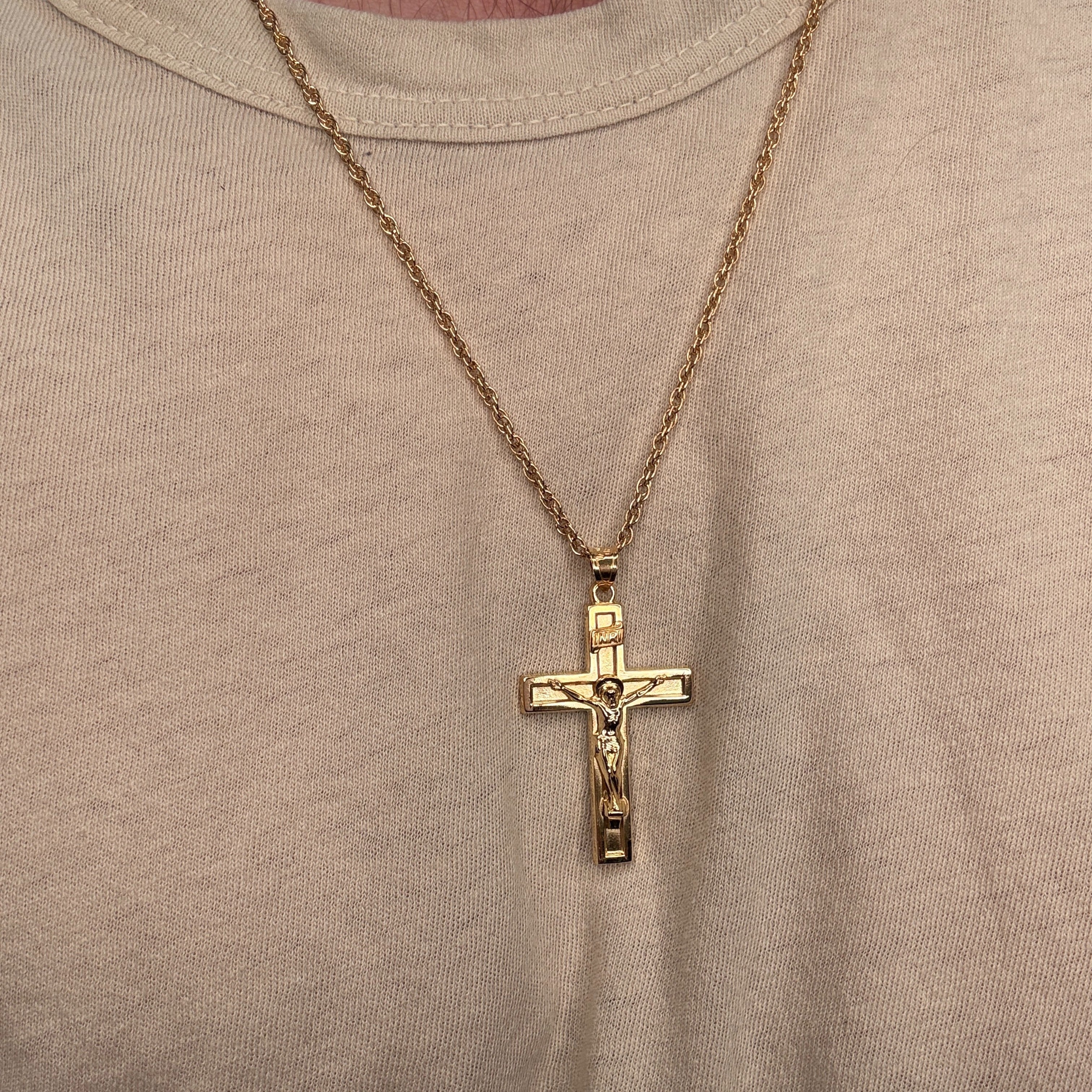 Solid 14K Double Bonded Gold XXL plain polished INRI Crucifix cross pendant on a rope chain lifestyle being worn