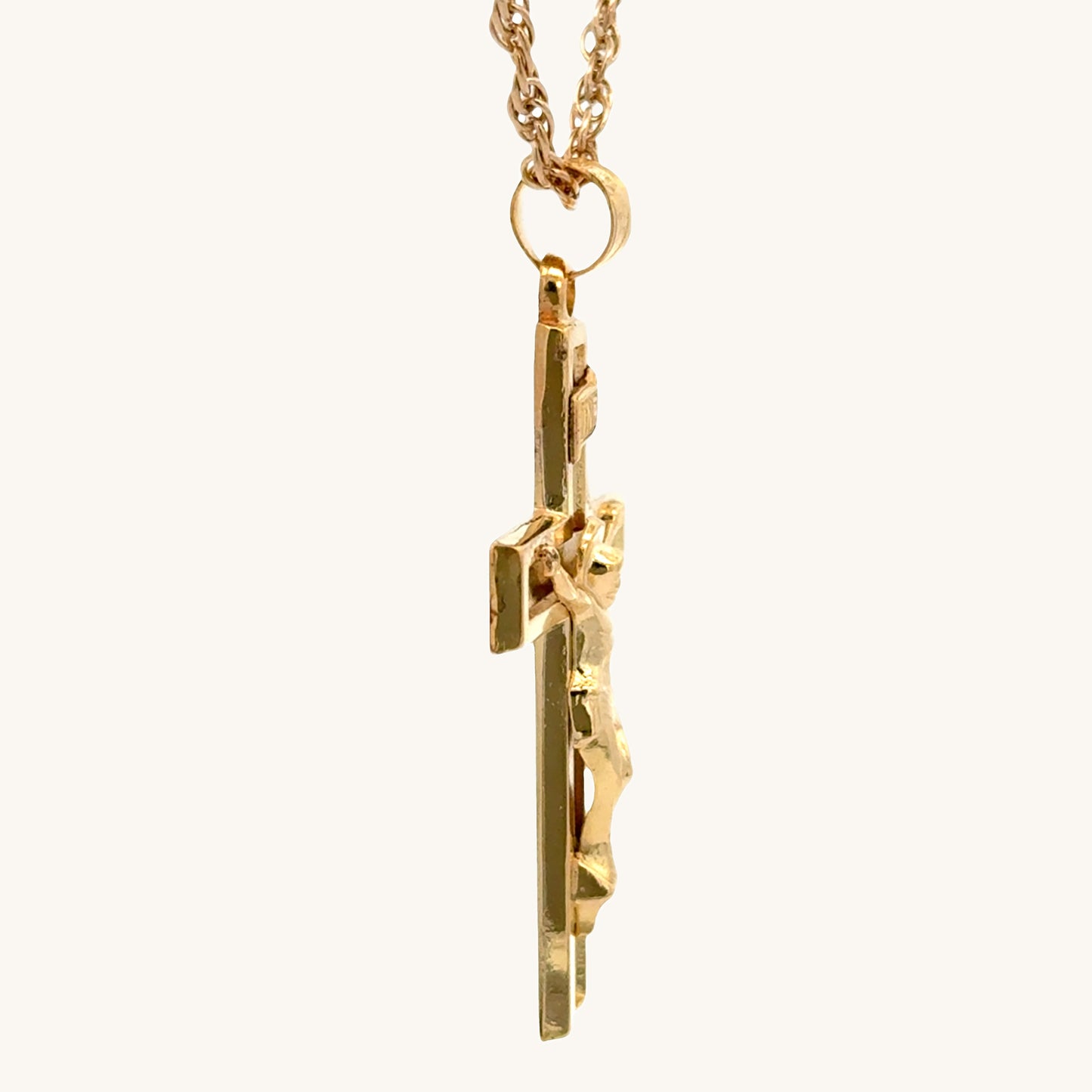 Solid 14K Double Bonded Gold XXL plain polished INRI Crucifix cross pendant on a rope chain side image