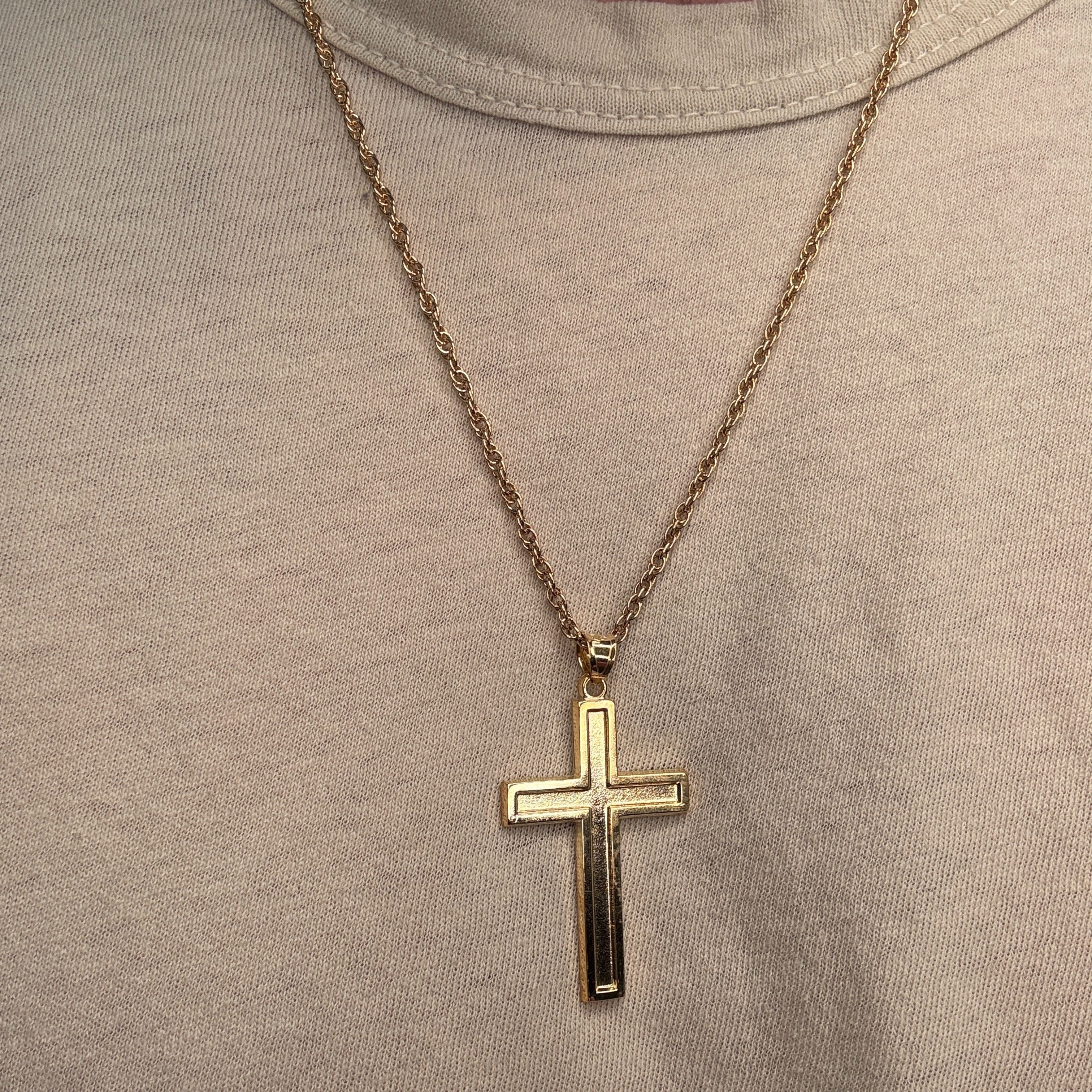 Solid 14K Double Bonded Gold XXL plain polished Cross pendant on a rope chain lifestyle being worn image