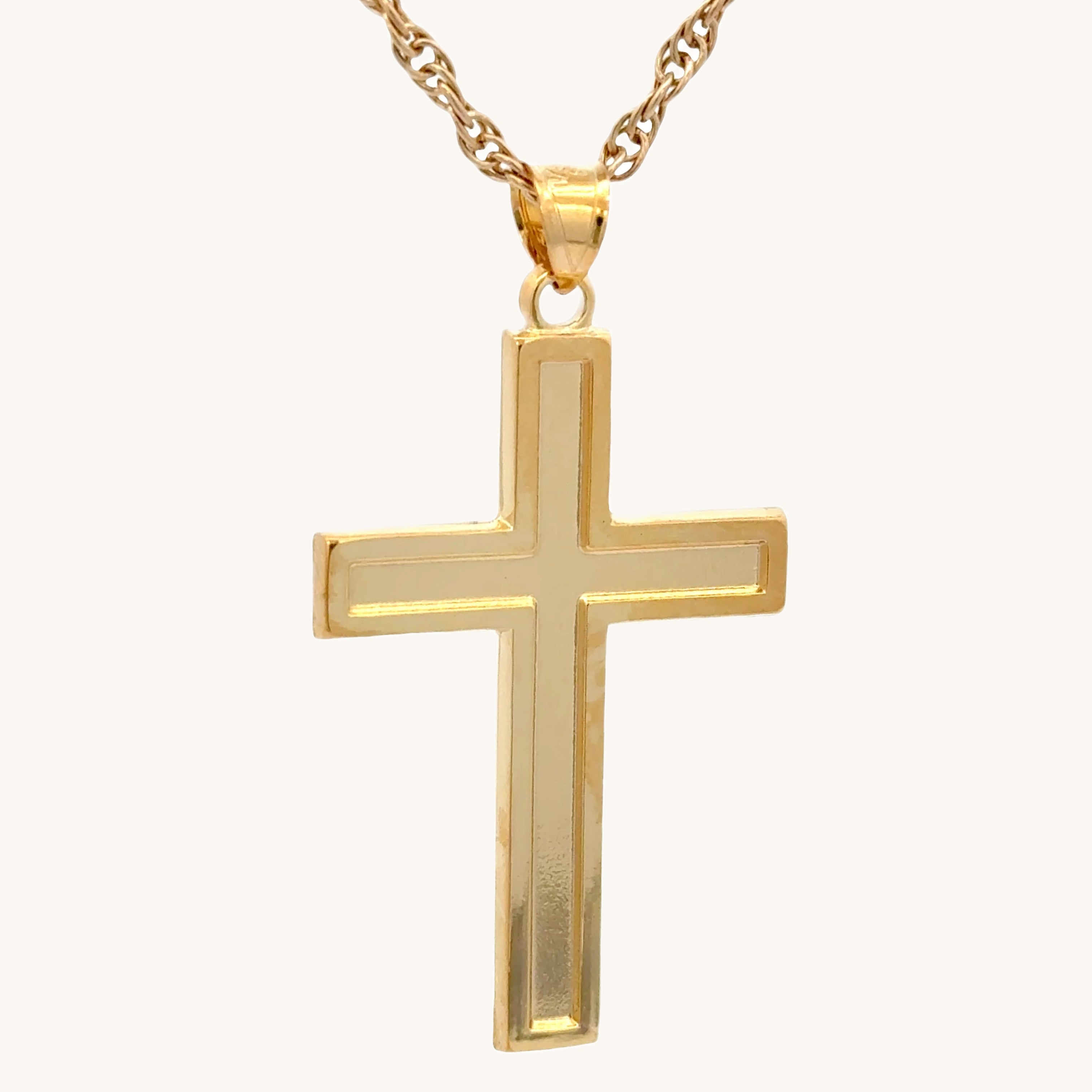 Solid 14K Double Bonded Gold XXL plain polished Cross pendant on a rope chain main image