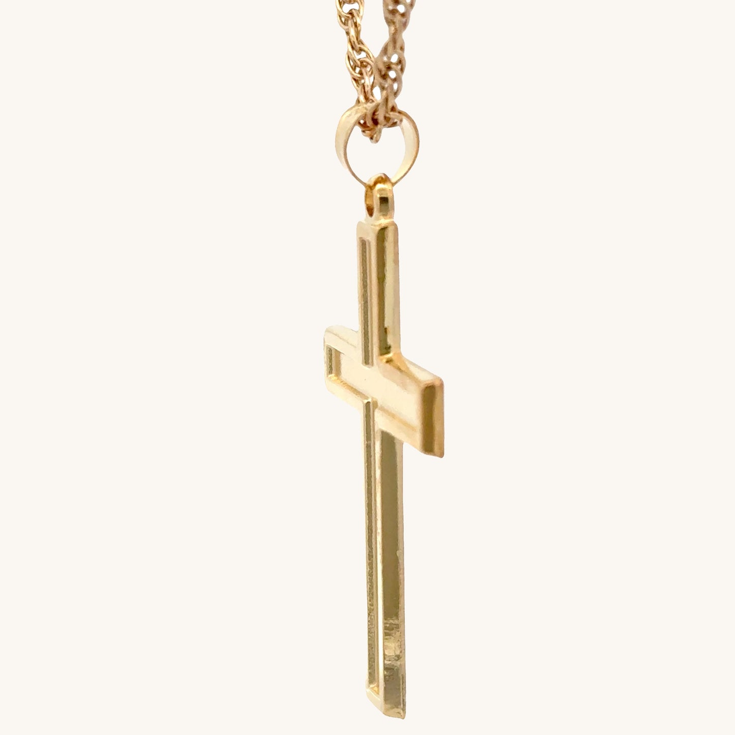 Solid 14K Double Bonded Gold XXL plain polished Cross pendant on a rope chain side image