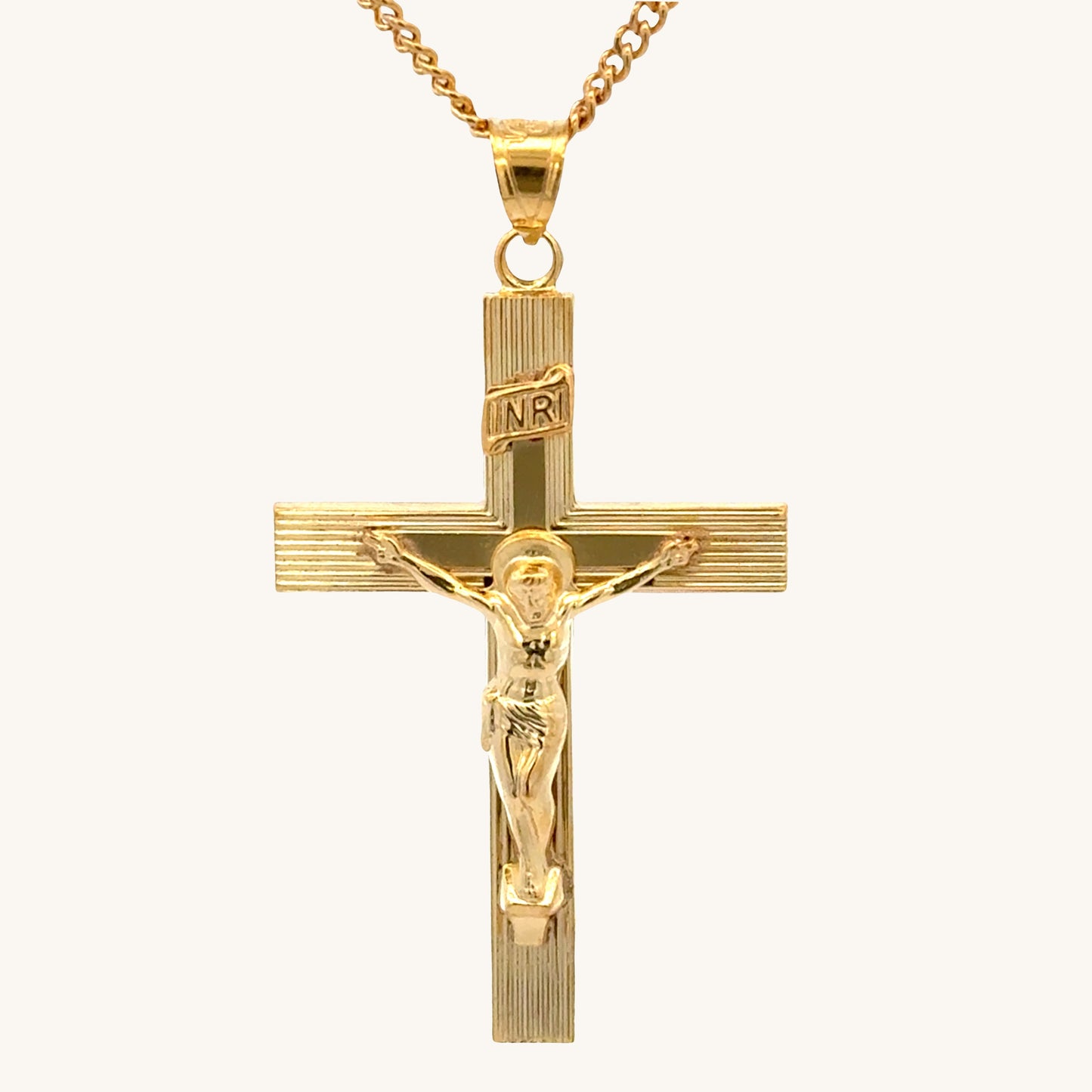 XXL 14K double‑bonded gold INRI crucifix pendant with engine‑turned texture and high‑polish finish on 22" Cable chain main image