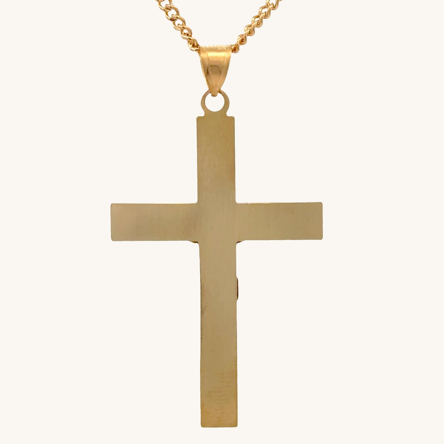 XXL 14K double‑bonded gold INRI crucifix pendant with engine‑turned texture and high‑polish finish on 22" Cable chain back image