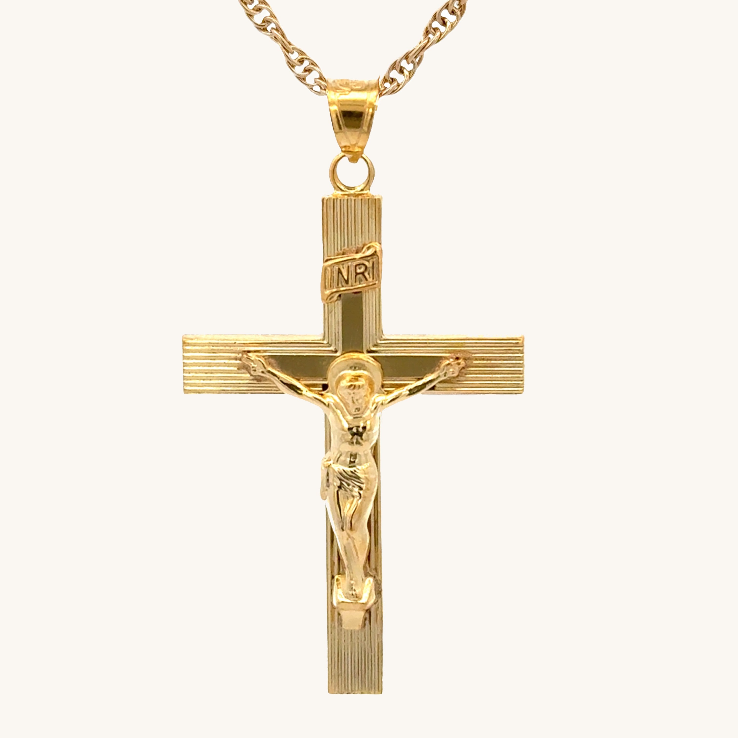 XXL 14K double‑bonded gold INRI crucifix pendant with engine‑turned texture and high‑polish finish on 22" Rope chain main image