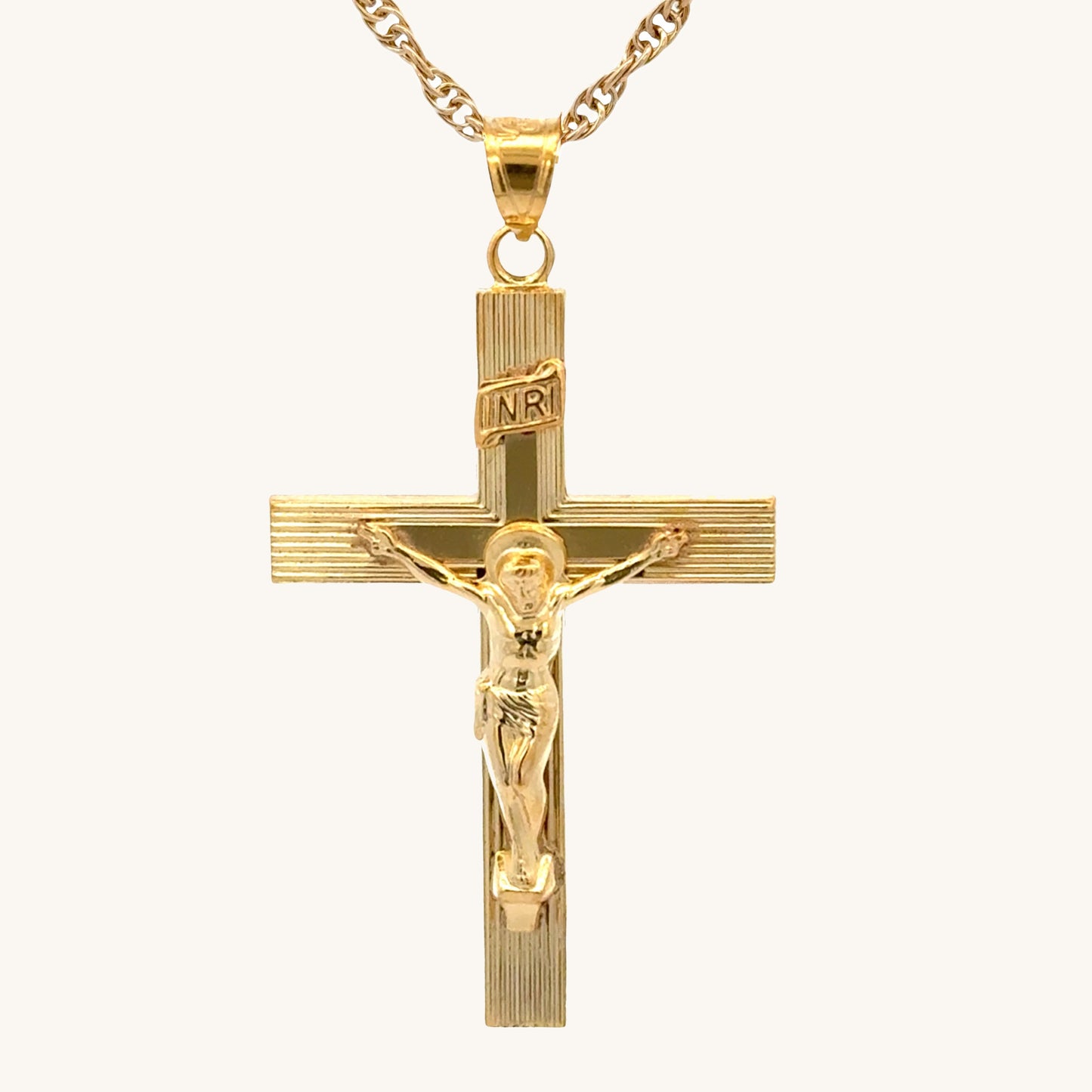 XXL 14K double‑bonded gold INRI crucifix pendant with engine‑turned texture and high‑polish finish on 22" Rope chain main image
