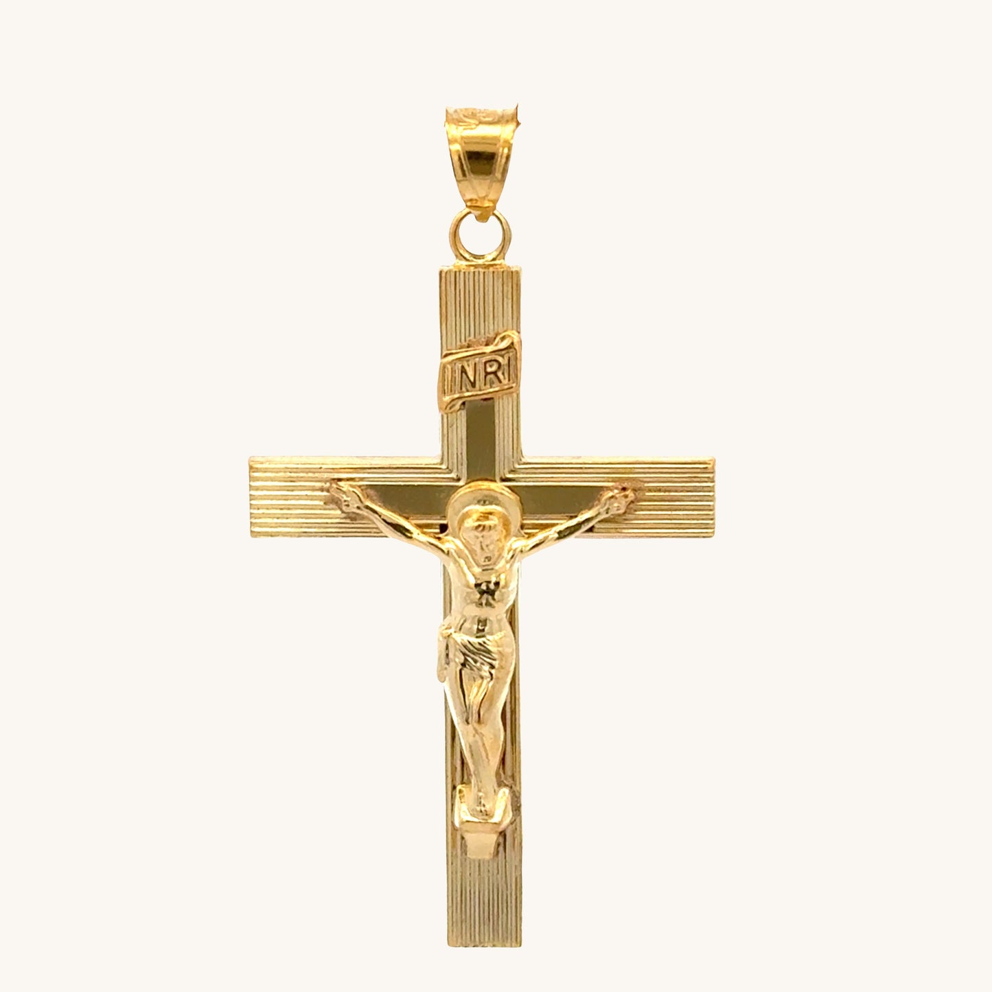 XXL 14K double‑bonded gold INRI crucifix pendant with engine‑turned texture and high‑polish finish pendant only main image