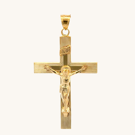 XXL 14K double‑bonded gold INRI crucifix pendant with engine‑turned texture and high‑polish finish pendant only main image