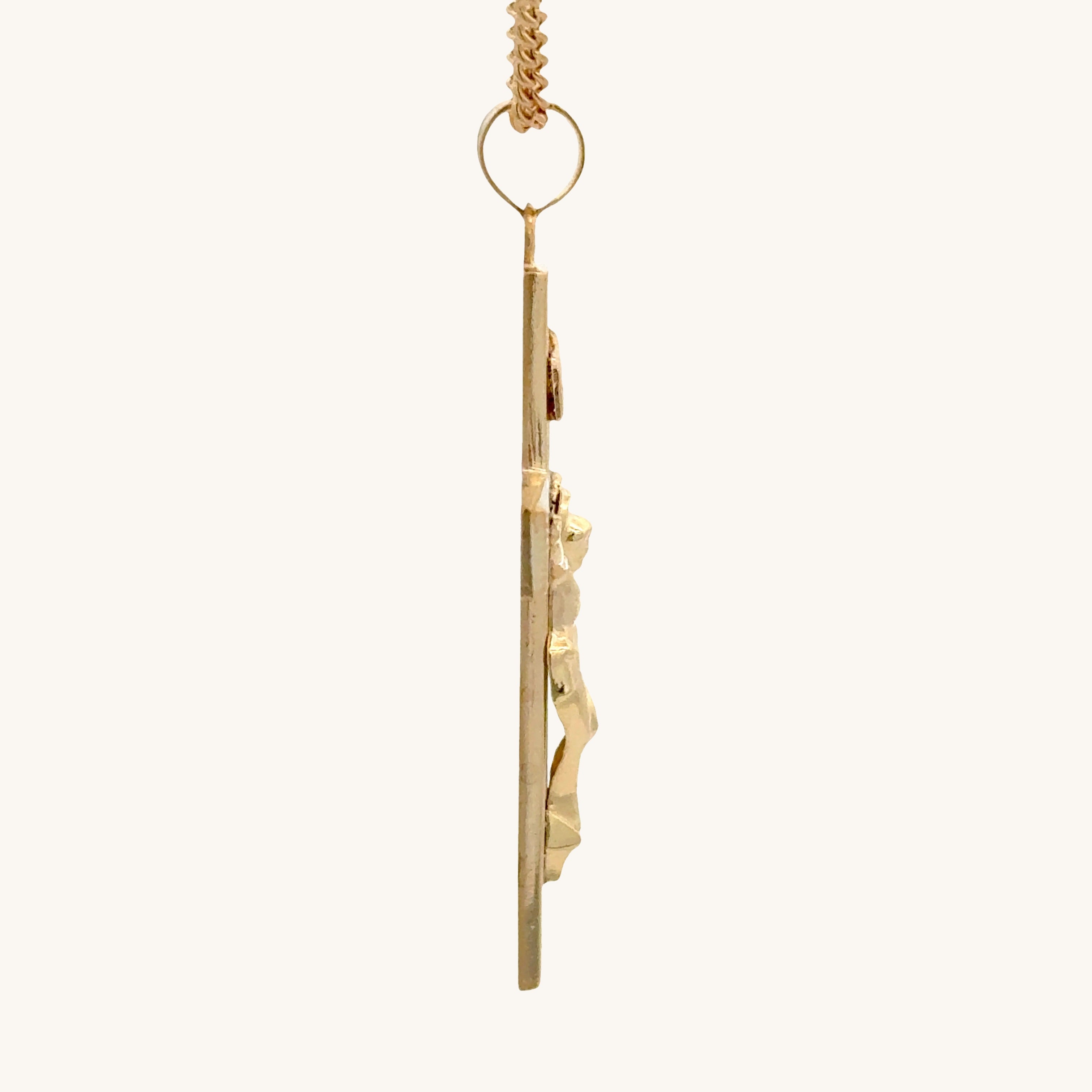 XXL 14K double‑bonded gold INRI crucifix pendant with engine‑turned texture and high‑polish finish on 22" Cable chain side image